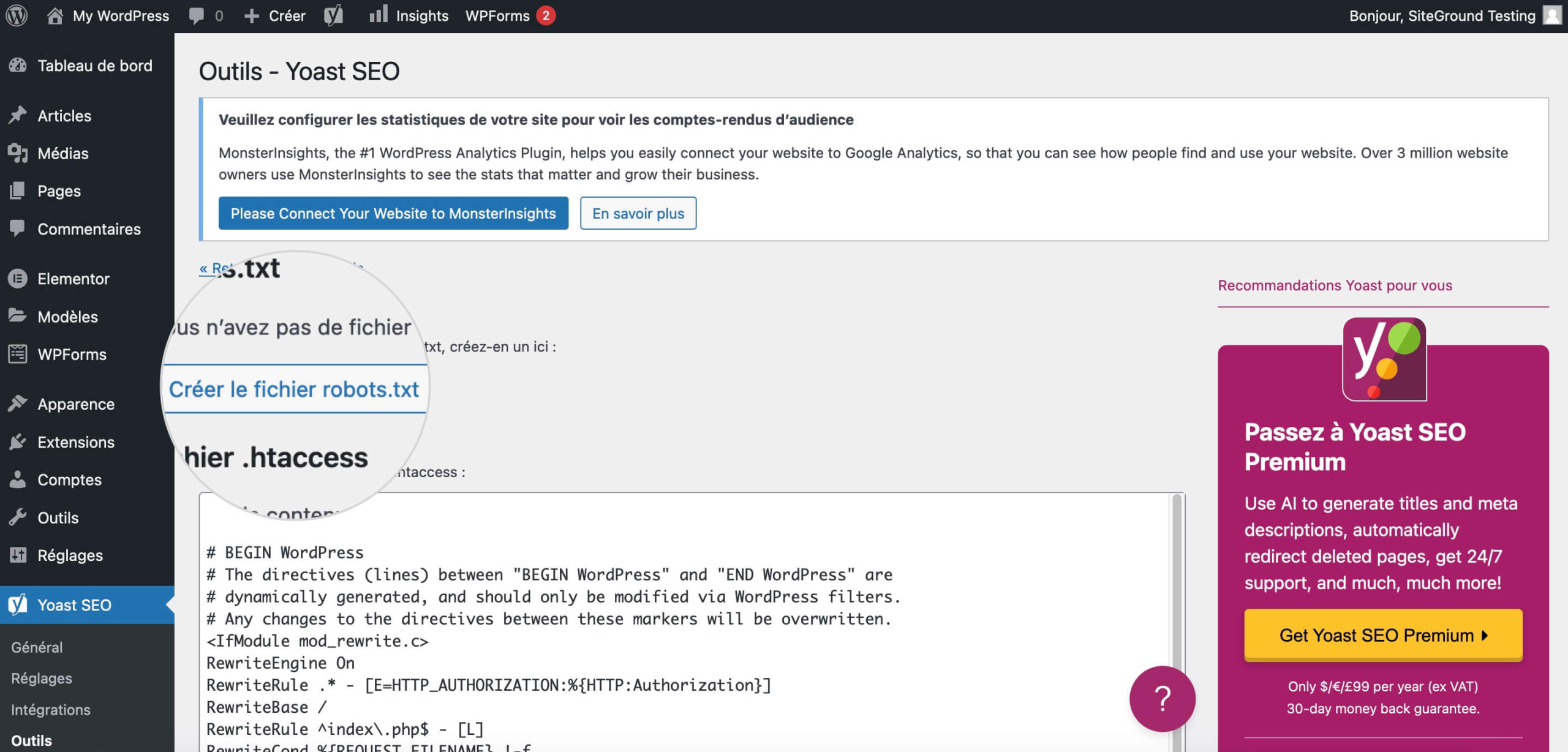 Création d'un fichier WordPress robots.txt à l'aide du plugin Yoast SEO.