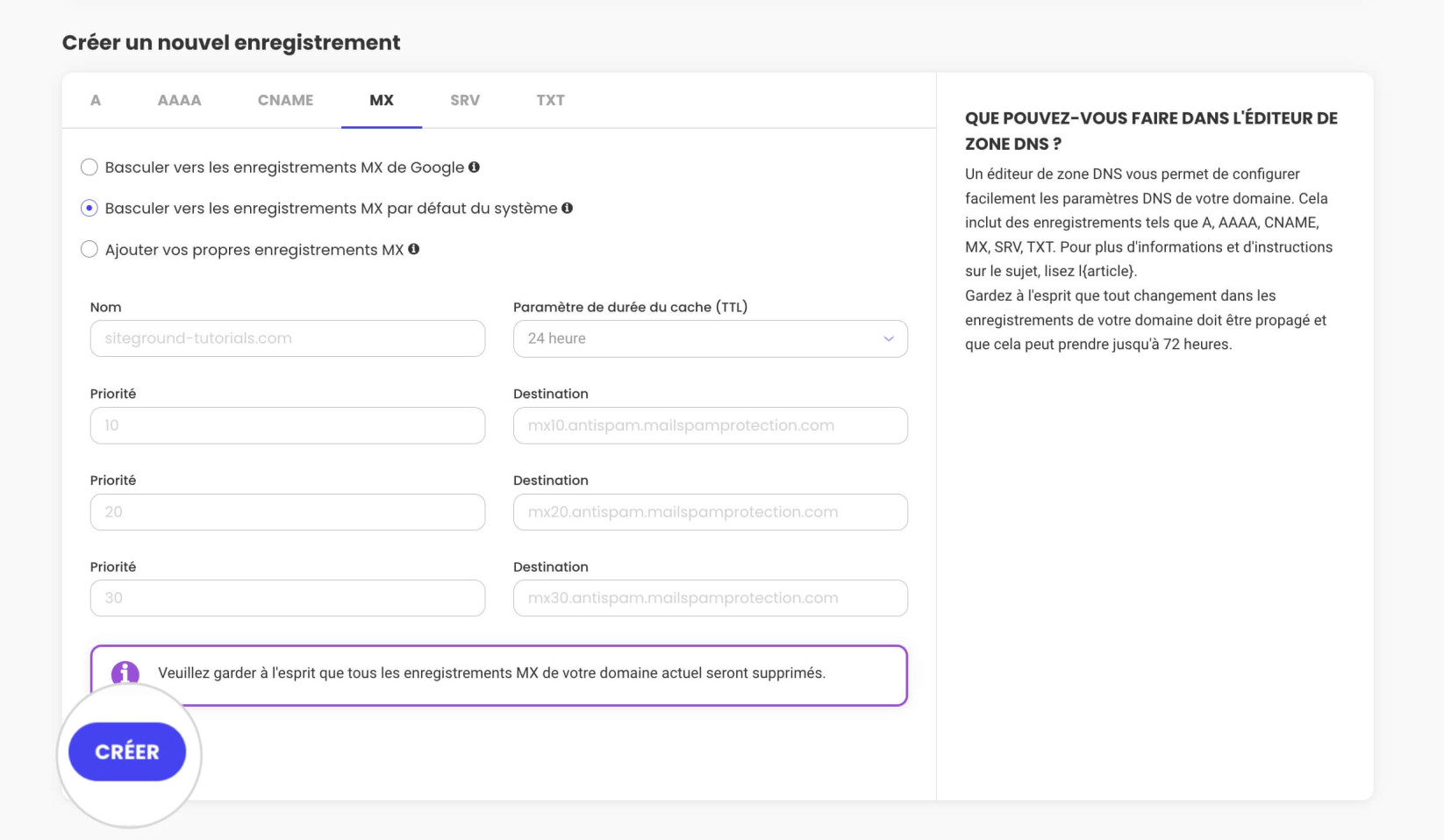 Comment confirmer le passage aux enregistrements MX par défaut du système 