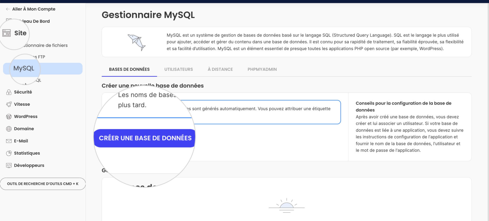 Création d'une base de données MySQL dans Site Tools