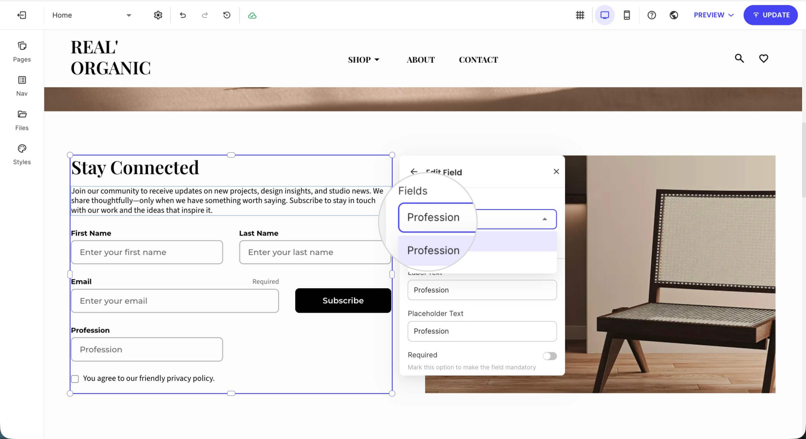 Custom field settings in a subscription form in Website Builder where you can modify a custom field