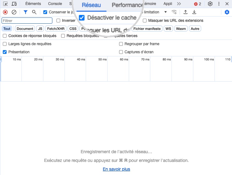 Capture d'écran montrant comment désactiver le système de mise en cache de Chrome à partir de l'onglet Réseau de la console DevTools