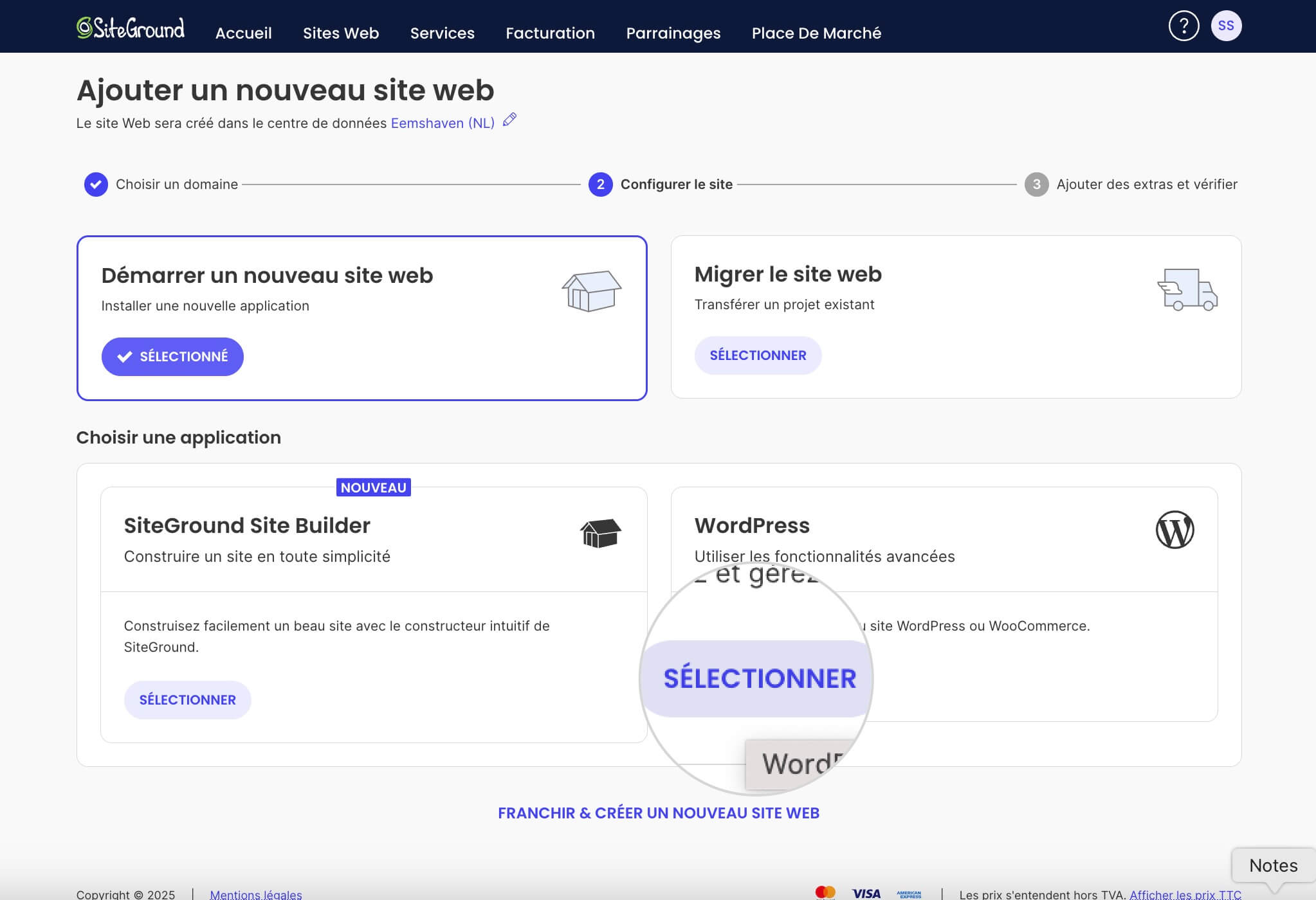 Début d'une nouvelle installation de site WordPress dans la zone utilisateur de SiteGround.