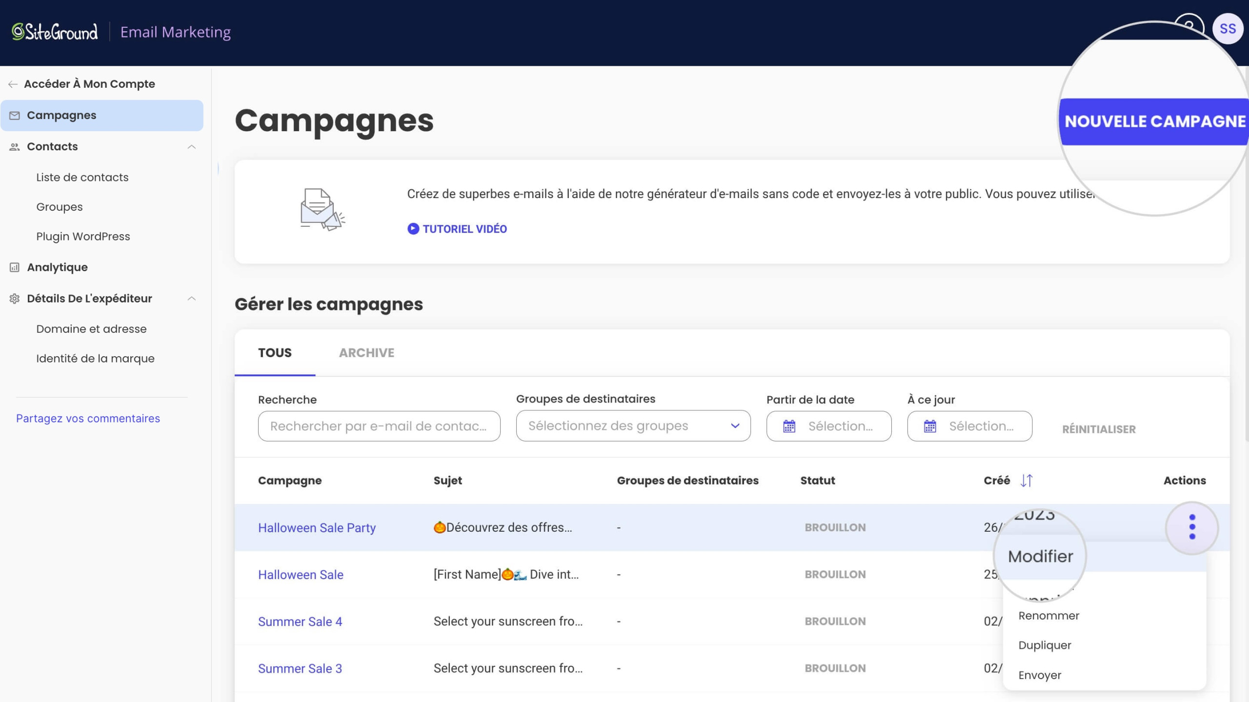 Capture d’écran montrant comment créer une nouvelle campagne ou modifier une campagne existante