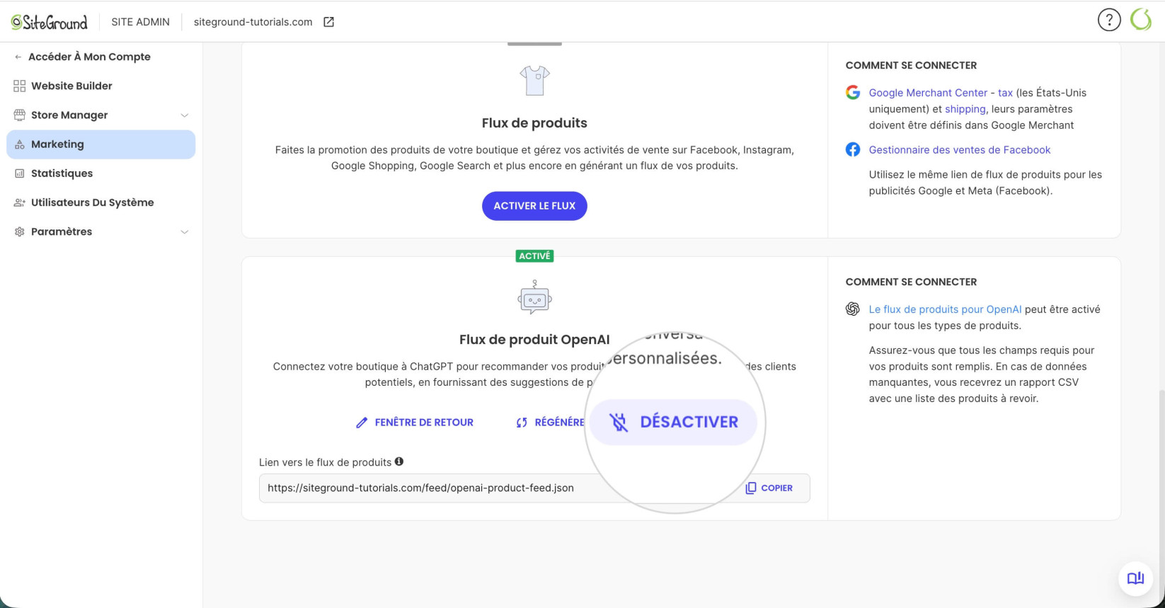 Panneau Flux de produit OpenAI dans Site Admin d'un site Ecommerce avec un bouton Désactiver mis en évidence pour désactiver le fichier du flux de produit