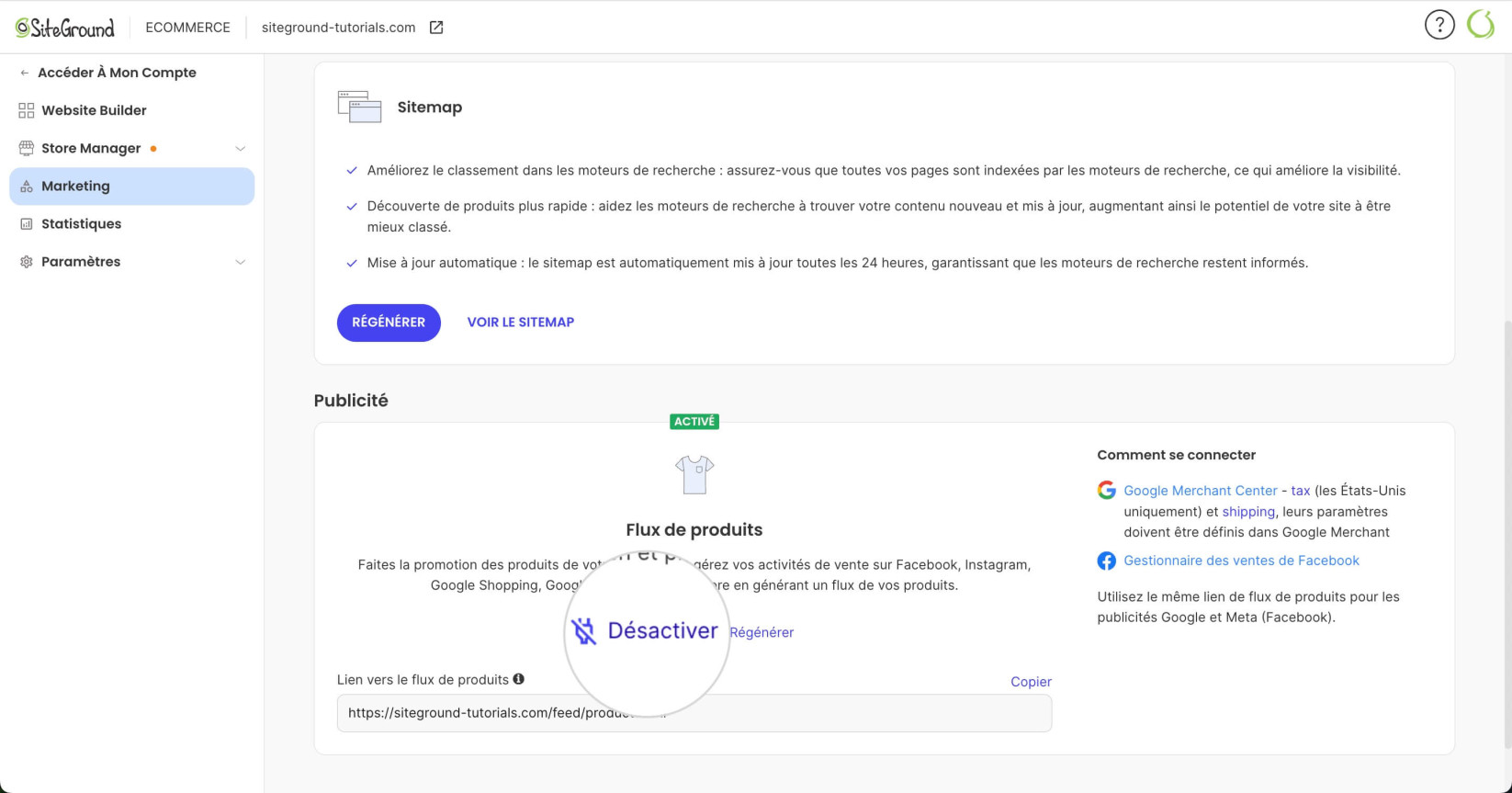 Section Marketing dans Site Admin pour SiteGround Ecommerce affichant le bouton Désactiver pour désactiver le fichier product feed