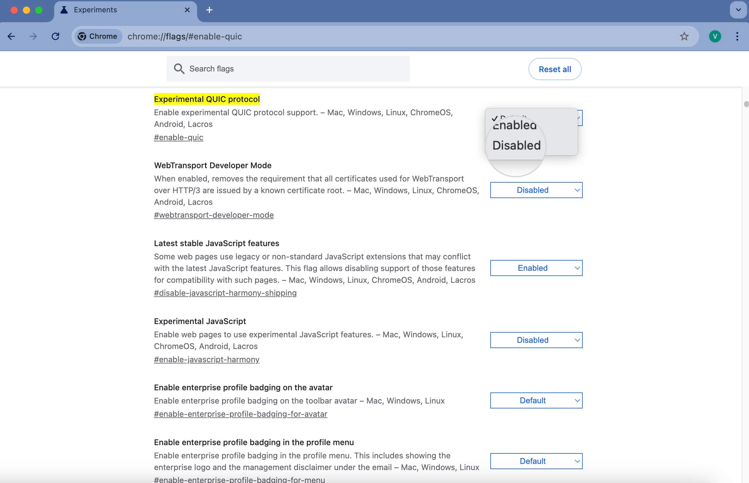 Page de paramètres expérimentaux de Google Chrome avec l'option de protocole QUIC désactivée pour corriger ERR_BAD_SSL_CLIENT_AUTH_CERT.