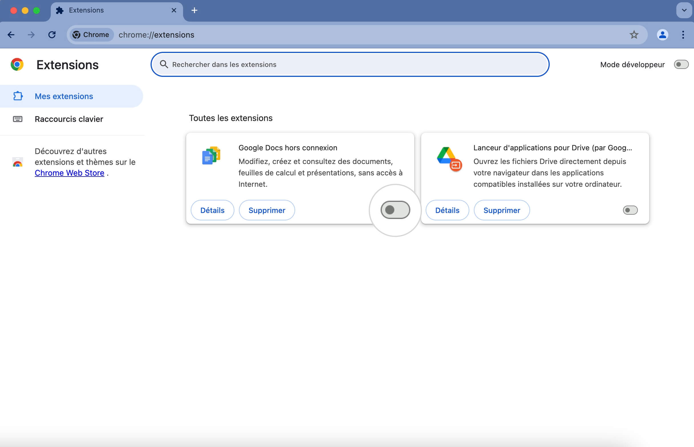Capture d’écran montrant comment désactiver les extensions Chrome pour résoudre l’erreur HTTP 400 Bad Request