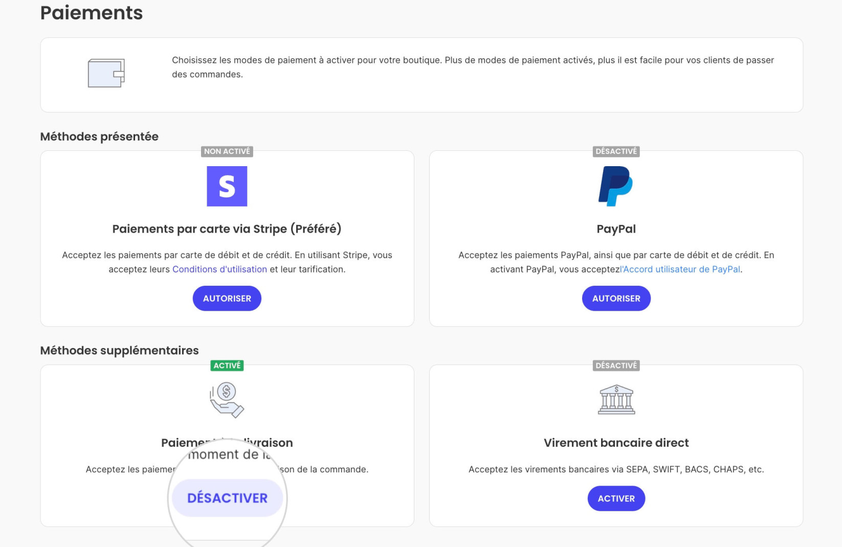 Bouton Désactiver pour désactiver le paiement à l'arrivée dans SiteGround Ecommerce