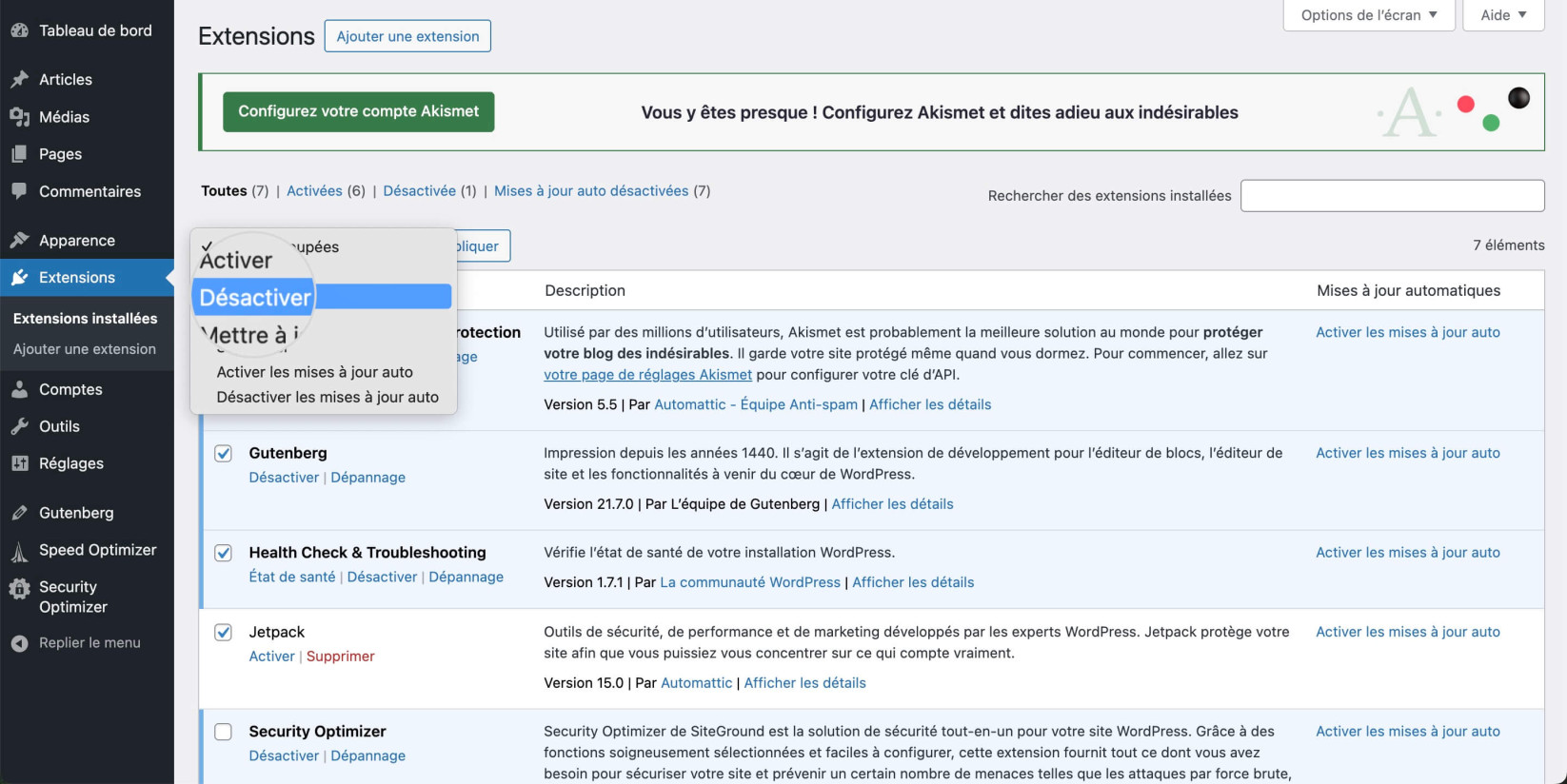 Desactiver tous plugins tableau WP 