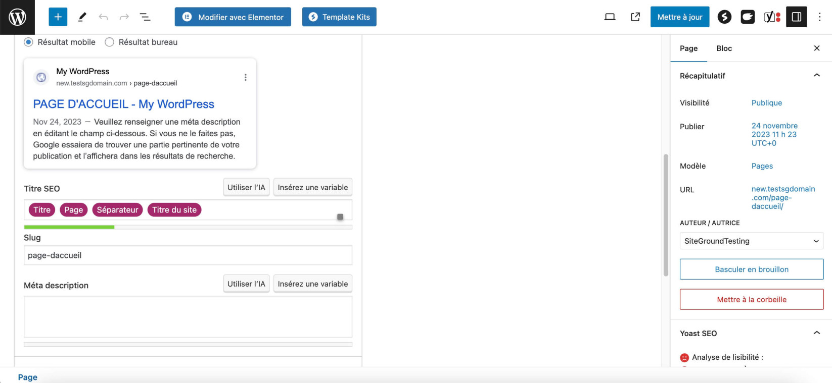 Capture d’écran montrant où définir les métadonnées pour votre page d’accueil avec Yoast SEO