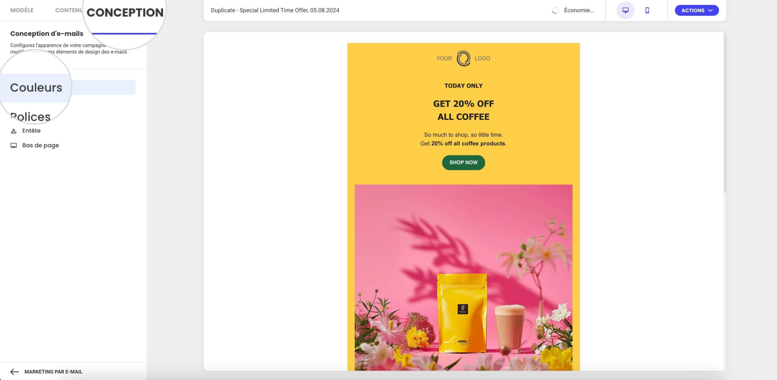 Capture d'écran de la section Couleurs de conception dans le générateur d'e-mails