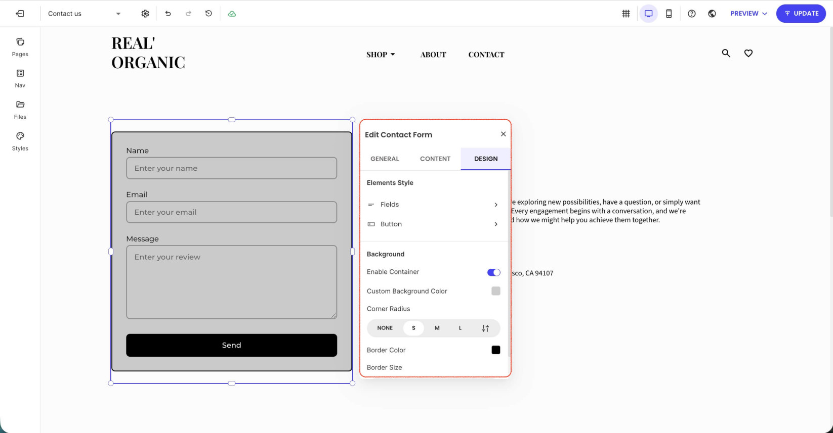 Contact form's settings window with an open Design tab where you can change the form's appearance