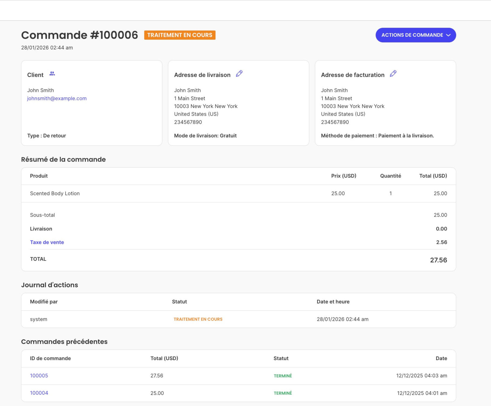 Détails d'une commande unique pour une commande dans SiteGround Ecommerce