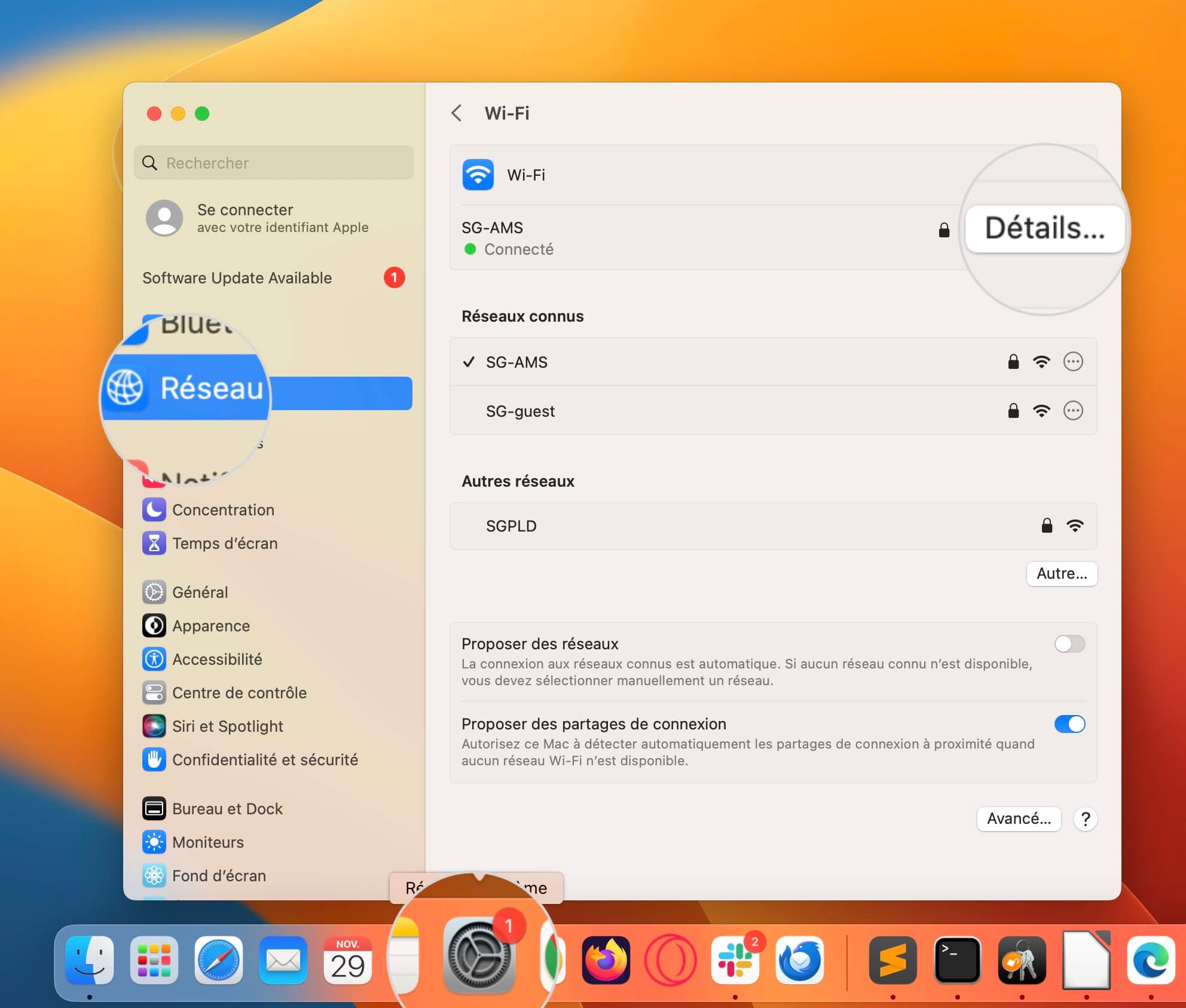 Bouton Détails pour les options Réseau dans Réglages Système sur Mac
