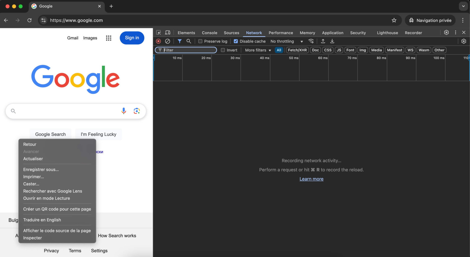 Capture d'écran des outils de développement de Chrome, mettant en évidence l'onglet Réseau. Elle montre également le menu contextuel de la page avec l'option Inspecter, qui permet d'ouvrir les outils.