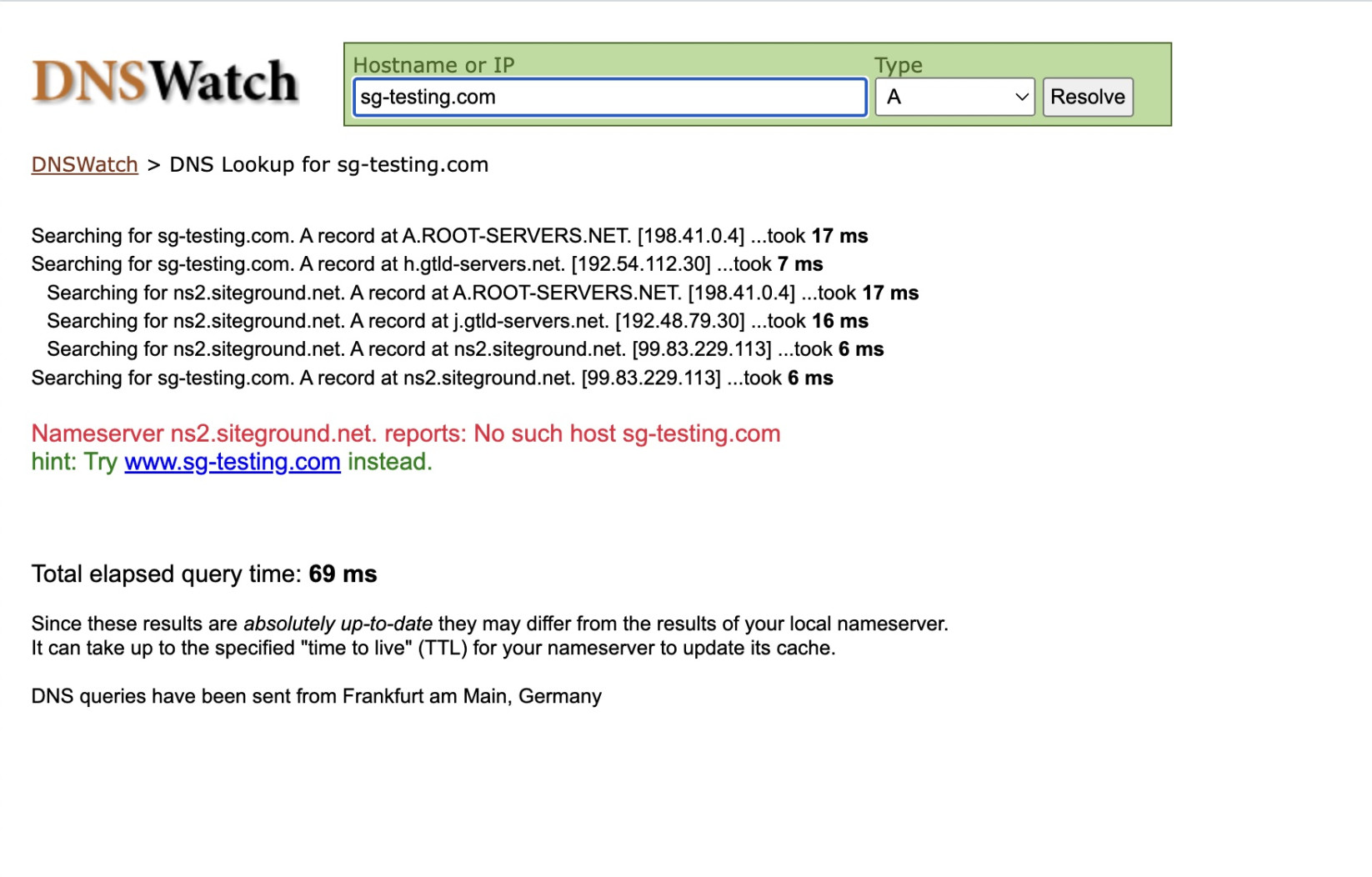 Vérificateur en ligne DNSWatch pour les enregistrements DNS A