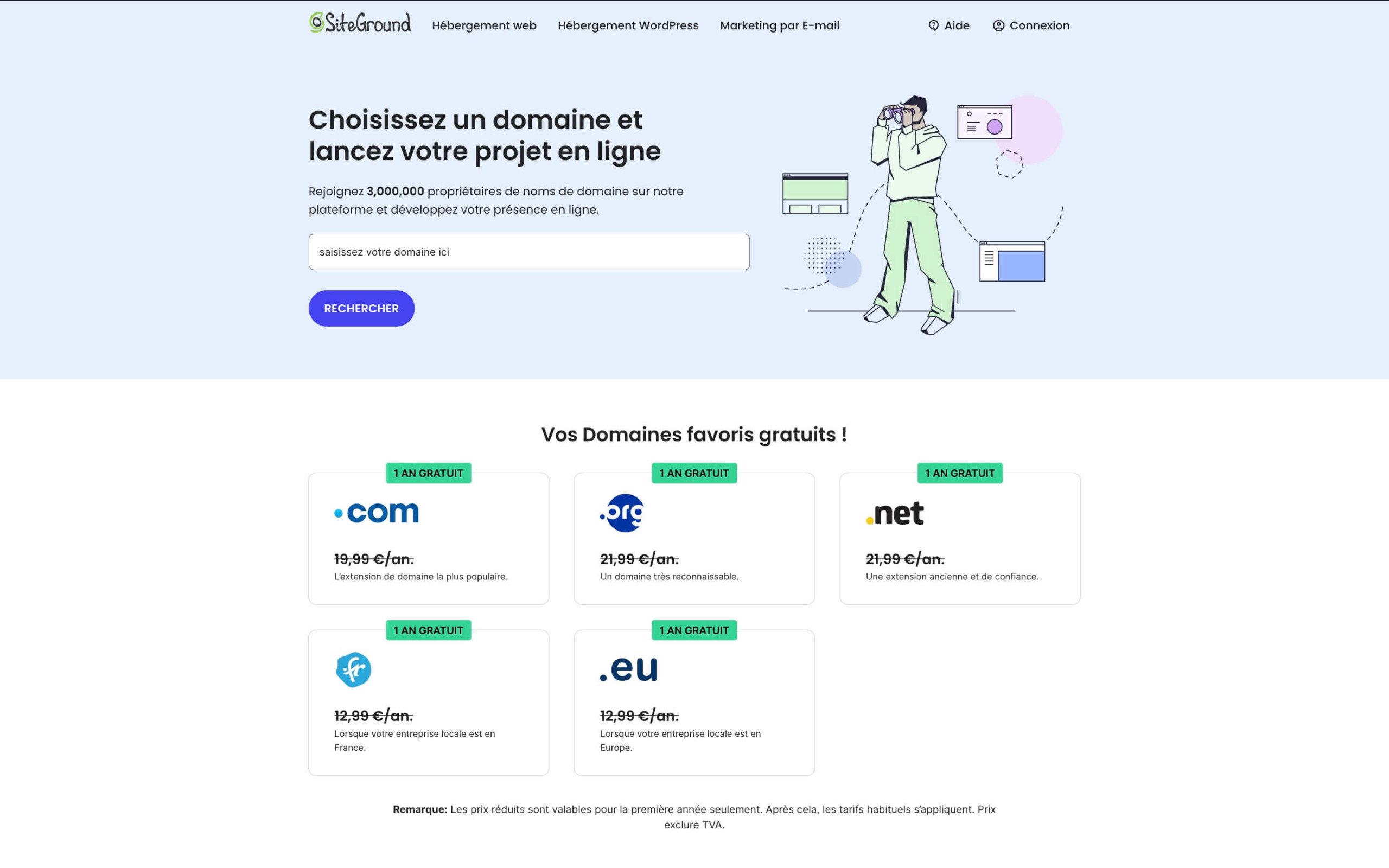Une capture d'écran montrant la large gamme d'extensions de domaine proposées par SiteGround