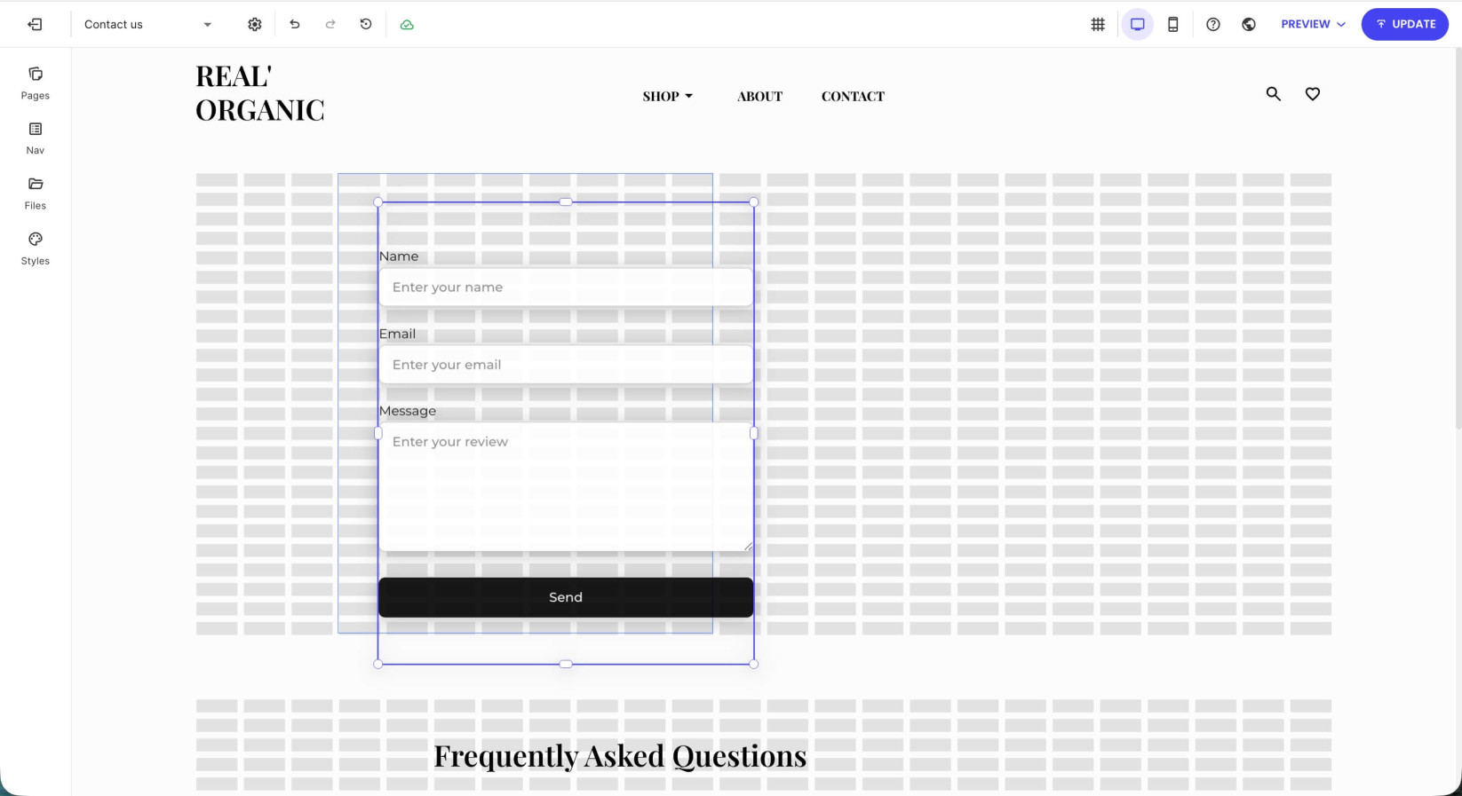 A section's grid area where you can drag and drop a contact form component