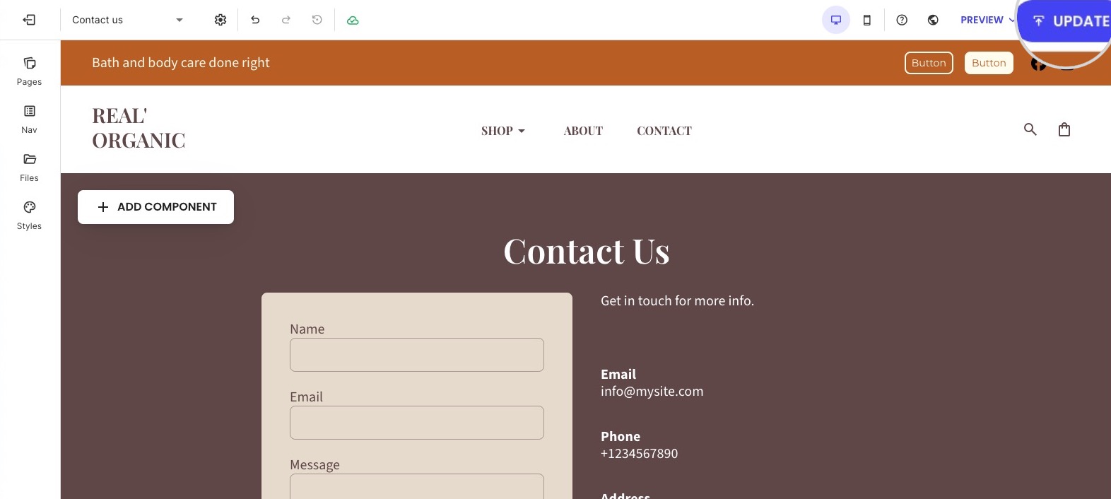 Interface montrant un formulaire de contact avec les champs nom, e-mail et message sur une page 