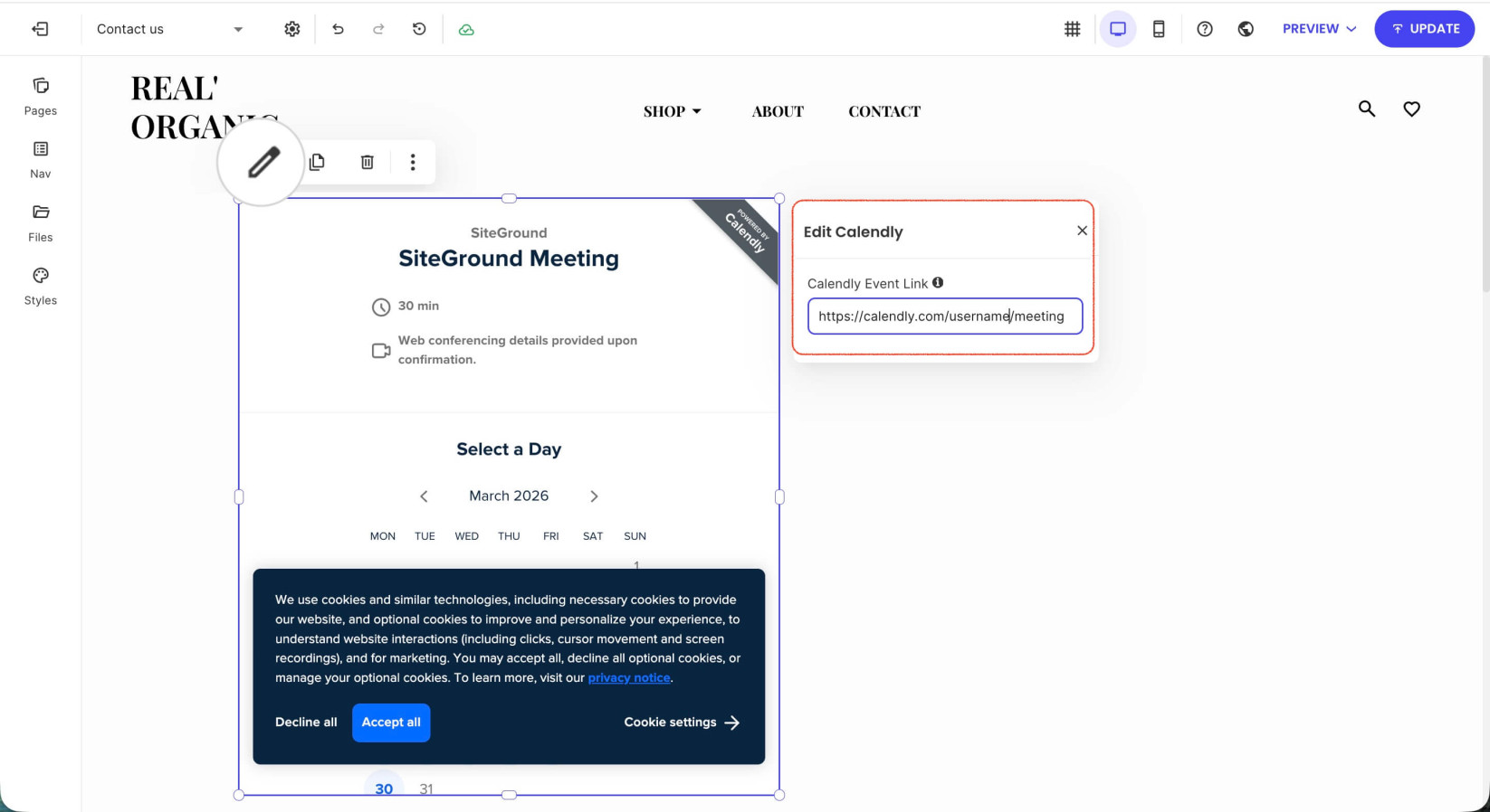 Selected Calendly component showing the settings window to add a Calendly link