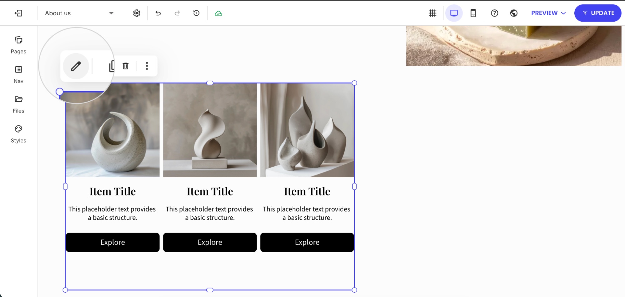 Toolbar with Edit option for modifying a component in Website Builder