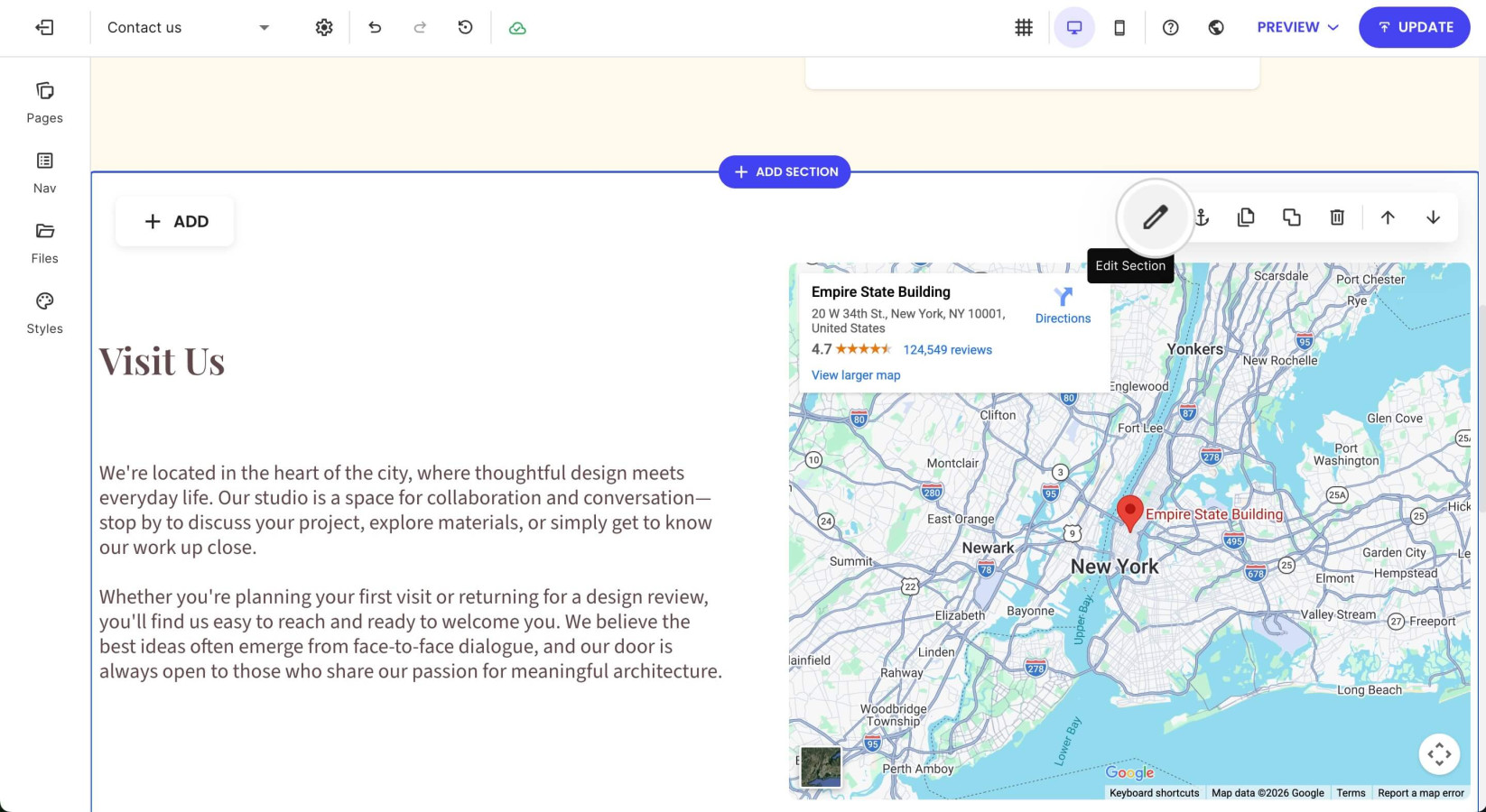 Selected section on a page in Website Builder displaying the settings toolbar 