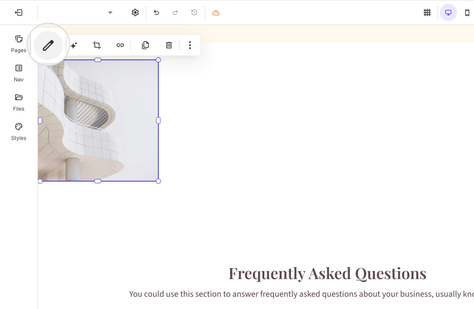 A selected image component displaying a toolbar with highlighted Edit icon