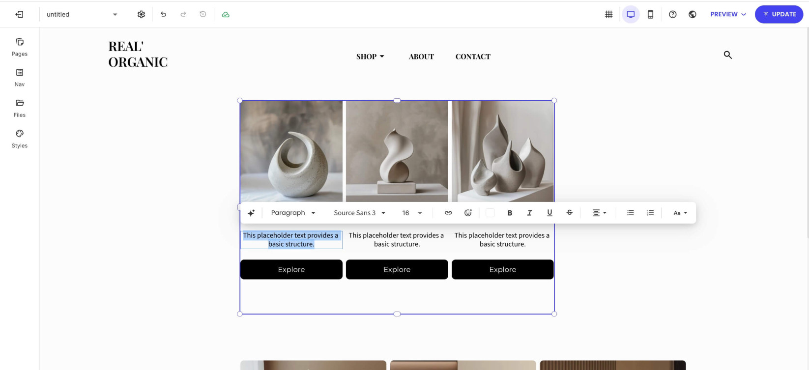A component with highlighted placeholder text that you can edit. Above the text is a toolbar with editing options