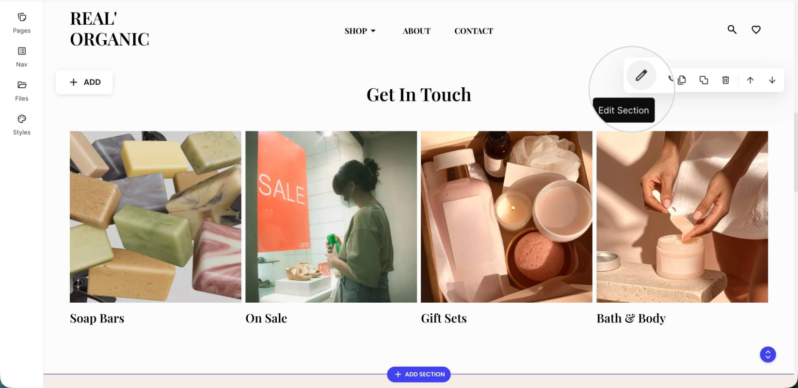 A section in Ecommerce website builder with a selected Edit Section button from the section's toolbar