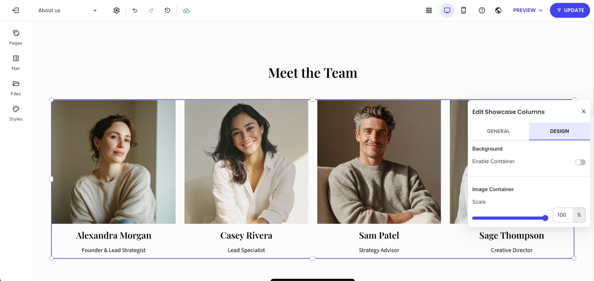 Showcase columns section selected with Design settings panel open showing image scale option.