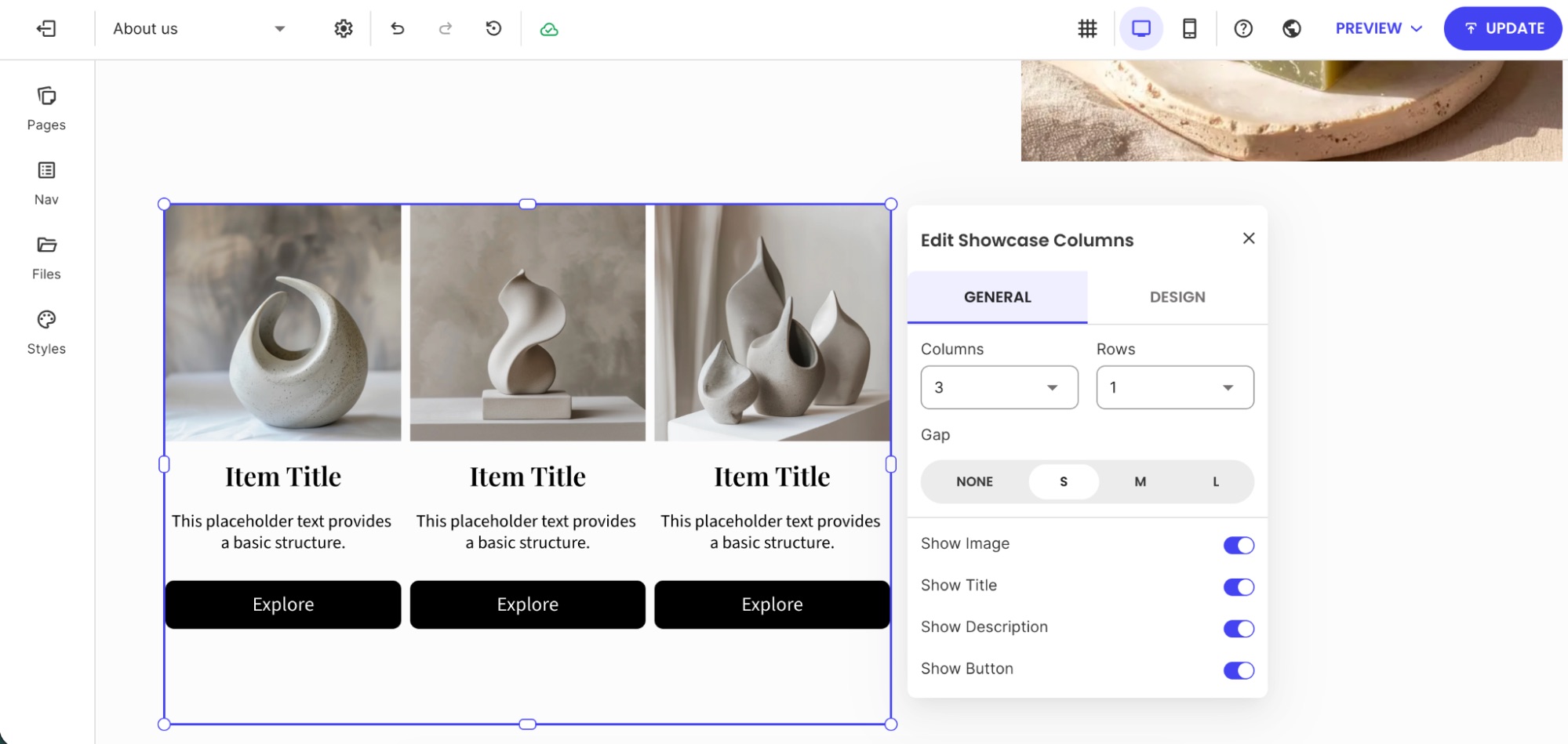 Showcase Columns component settings with columns, rows, and visibility toggles