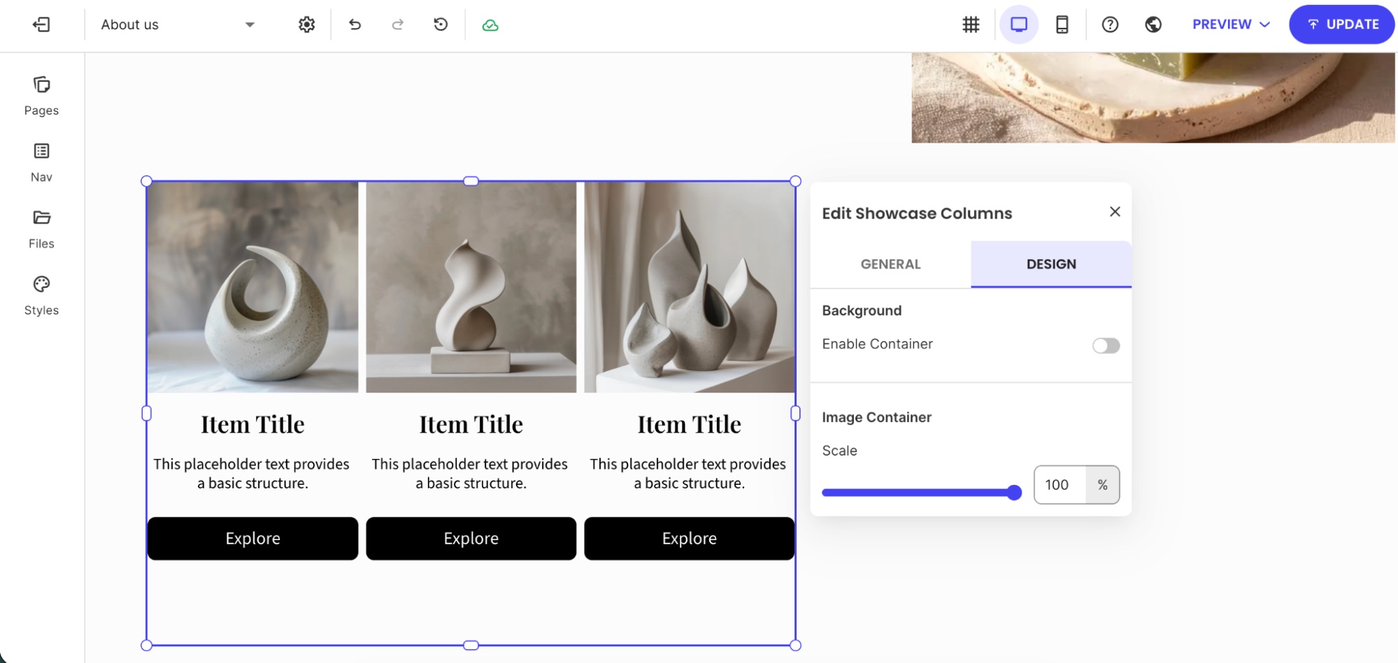 Showcase columns component displaying three items with Design tab open for background and image scaling settings.