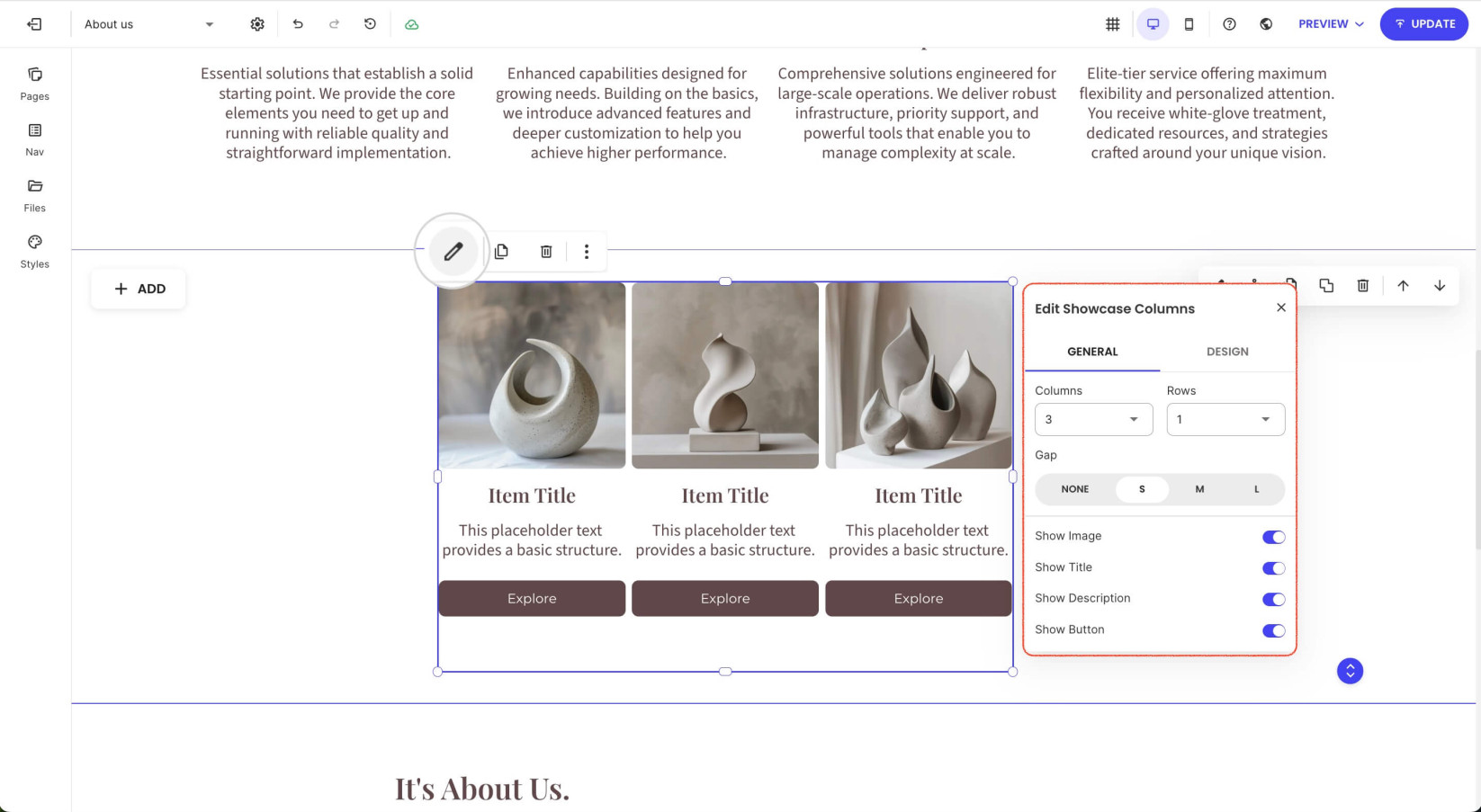 Selected component on a page in Website Builder displaying editing options