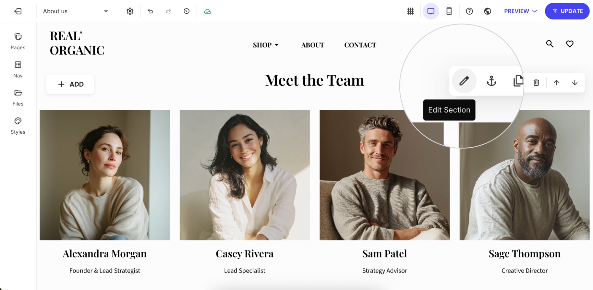 Website builder section with edit toolbar visible, highlighting the Edit Section option.
