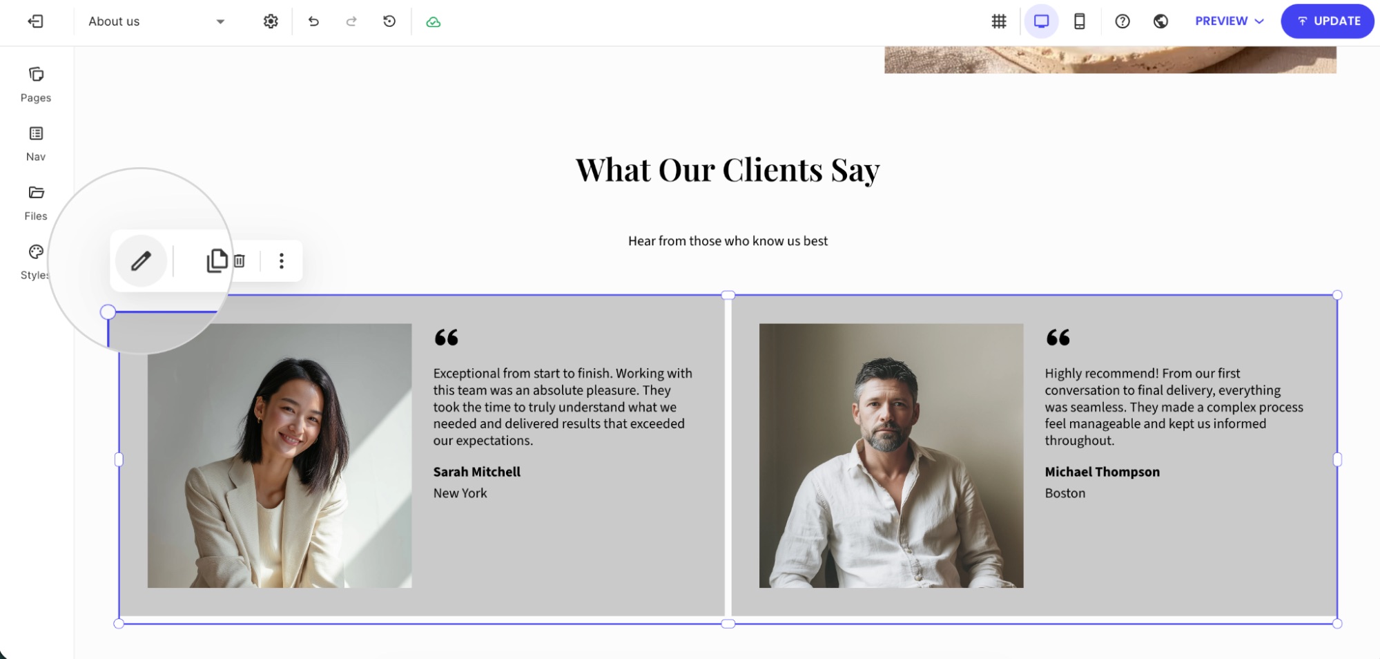 Selected Testimonials section on the page with edit toolbar visible and sample customer testimonials displayed
