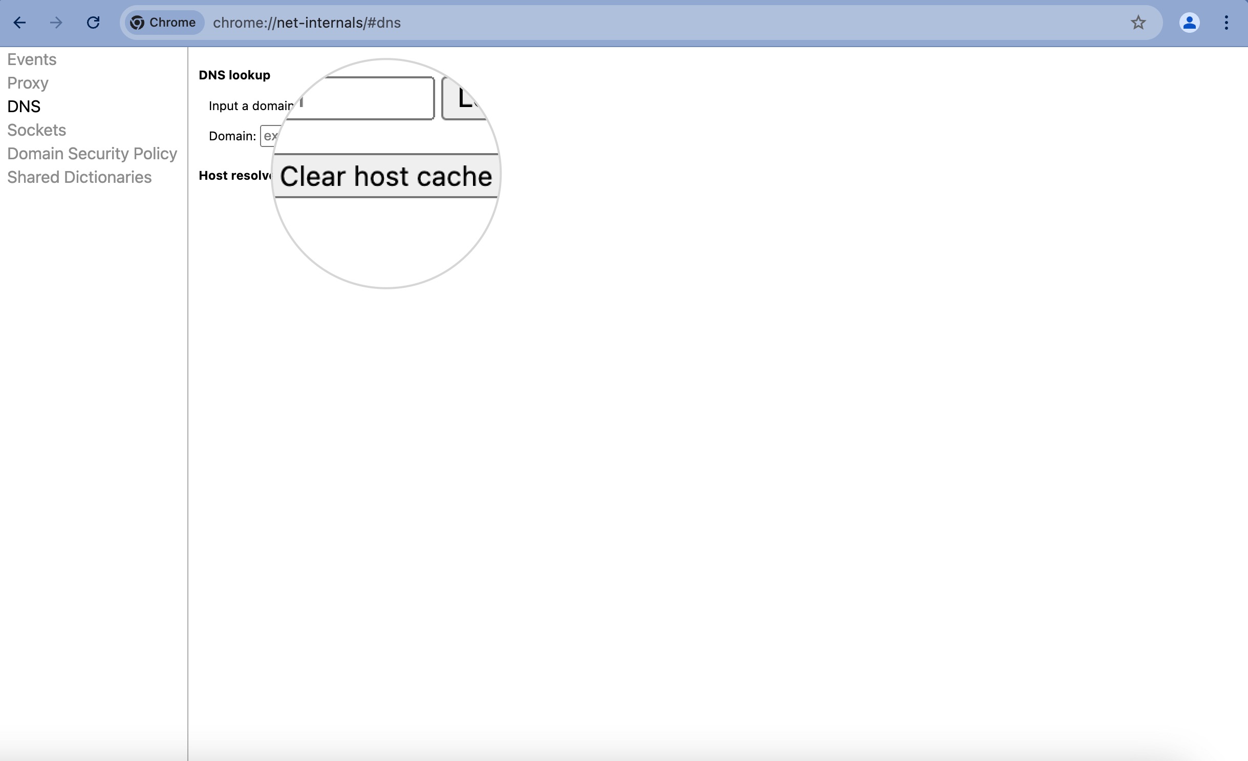 Capture d'écran montrant comment vider le cache DNS de Chrome pour corriger err_address_unreachable.