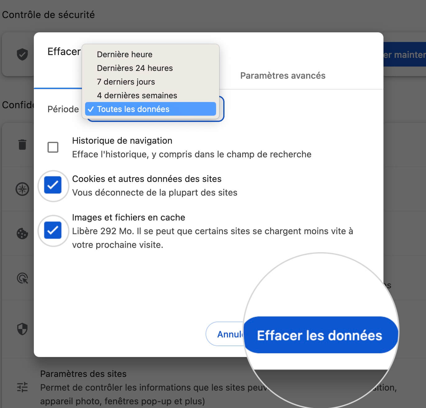 Options pour Effacer les données de navigation dans Chrome