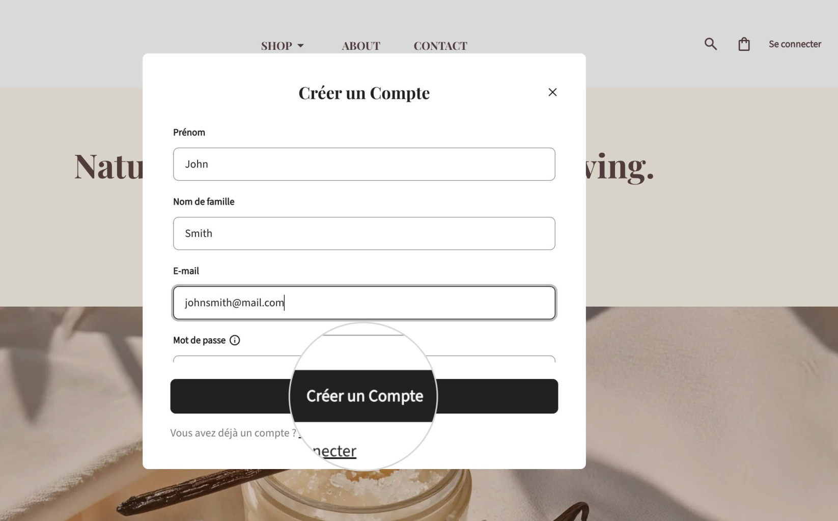 Formulaire contextuel de création de compte avec des champs pour le prénom, le nom, l'email, le mot de passe et la confirmation du mot de passe.