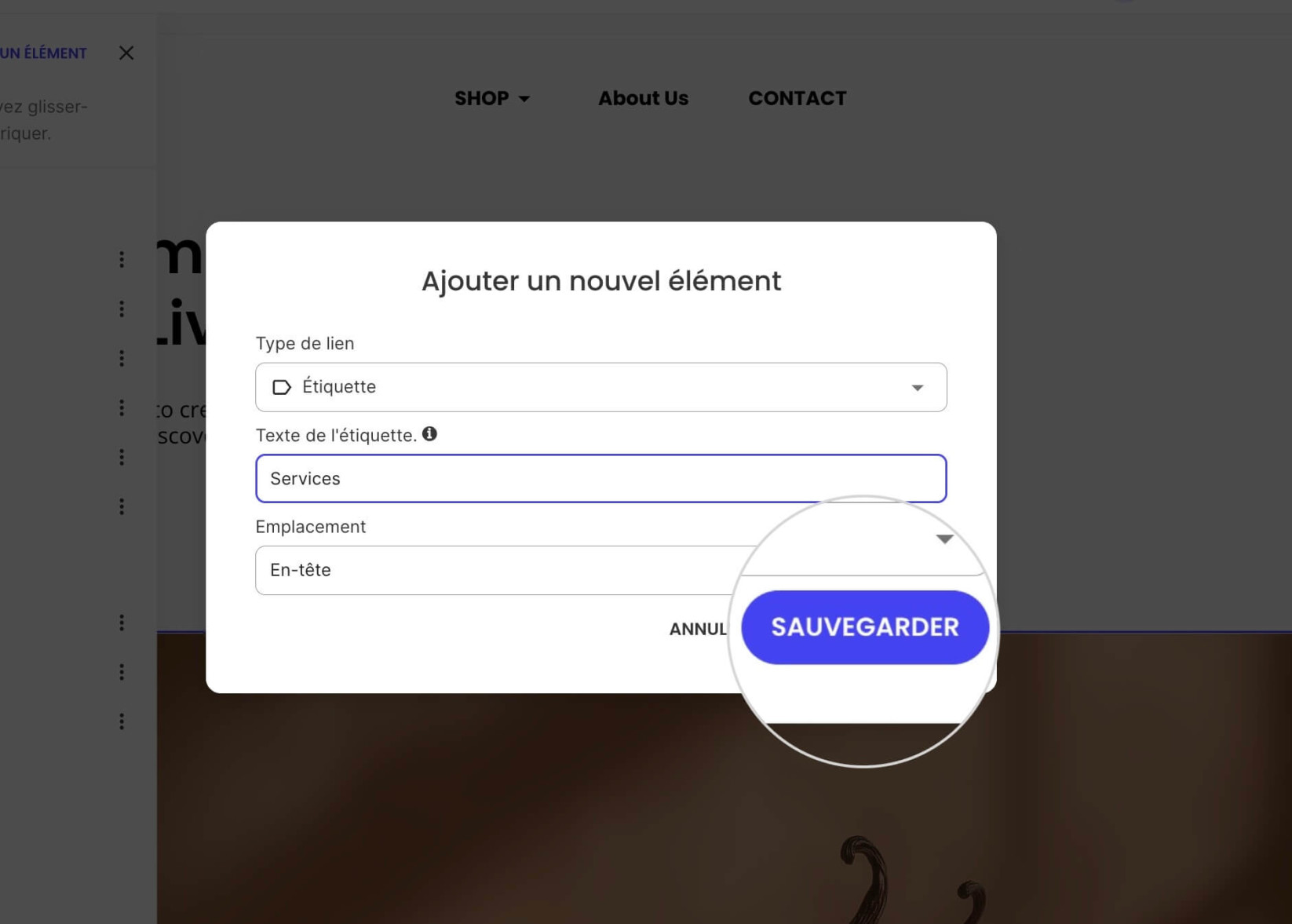 Une fenêtre contextuelle pour ajouter un libellé au menu de navigation avec le bouton Sauvegarder mis en évidence