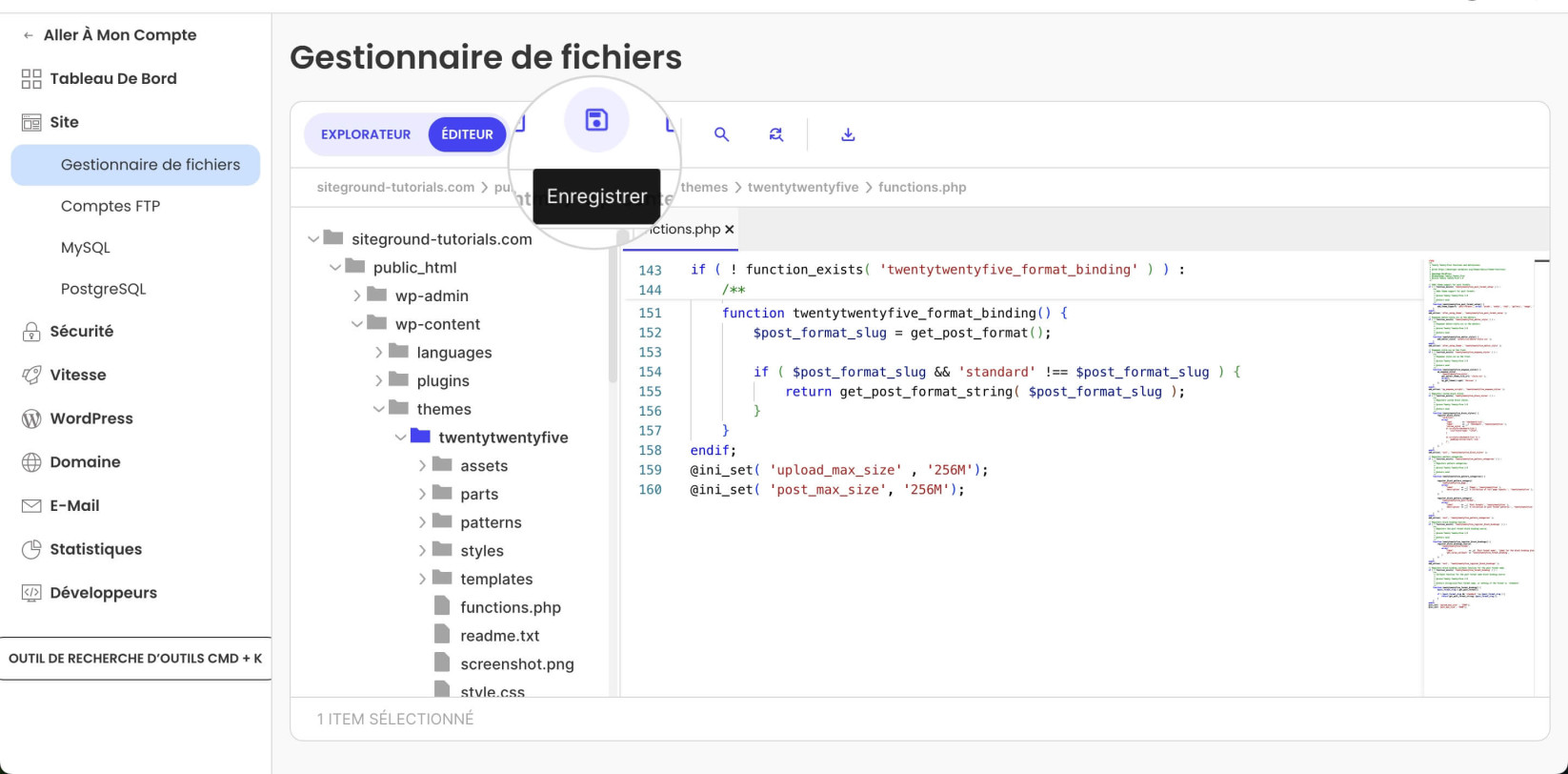 Capture d'écran montrant comment enregistrer les modifications dans le functions.php depuis le Gestionnaire de Fichiers 