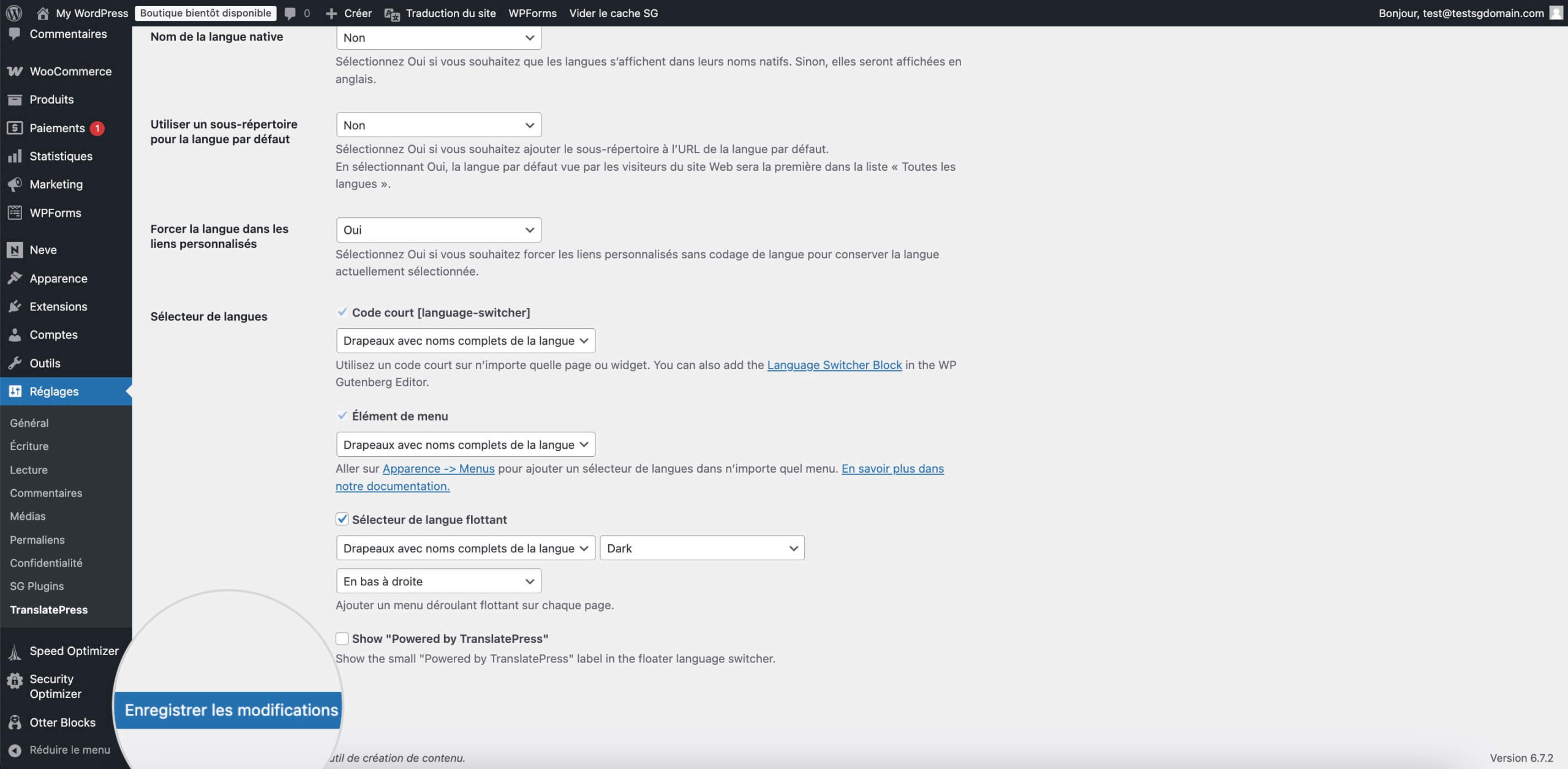 Enregistrement des modifications après l'ajout de nouvelles langues dans les paramètres de TranslatePress.