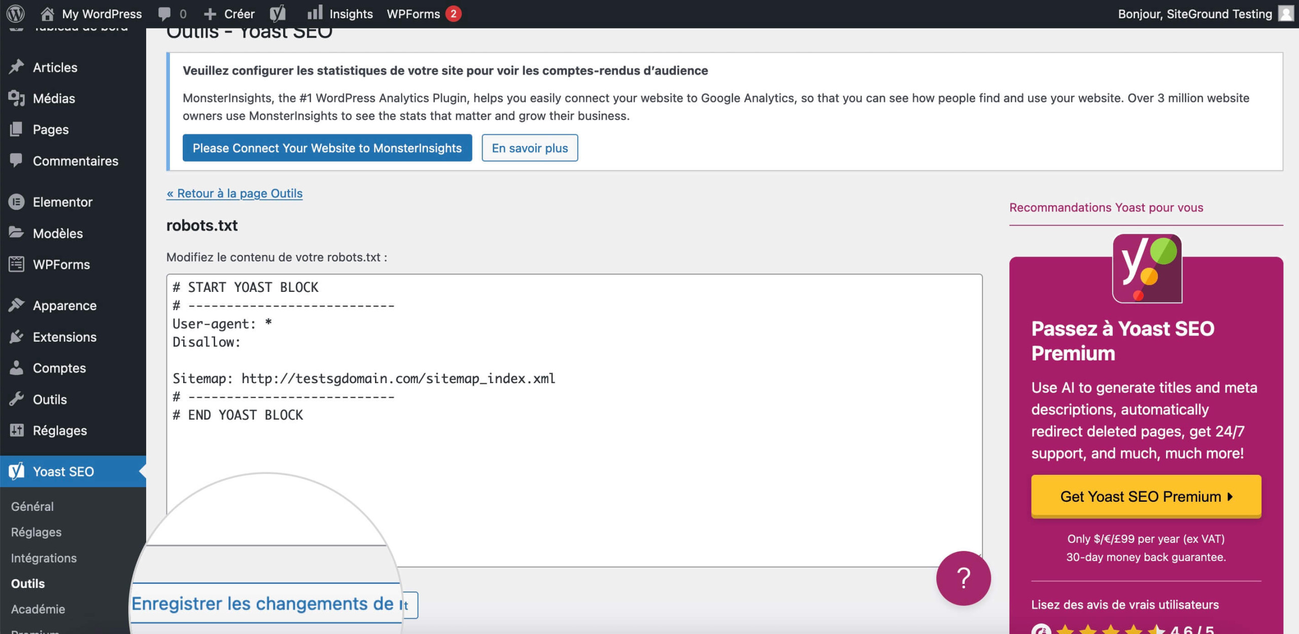 Enregistrement des mises à jour du fichier robots.txt WordPress dans Yoast SEO .