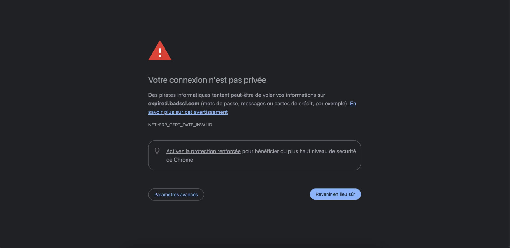 Capture d'écran de l'erreur ERR_CERT_DATE_INVALID dans Google Chrome.