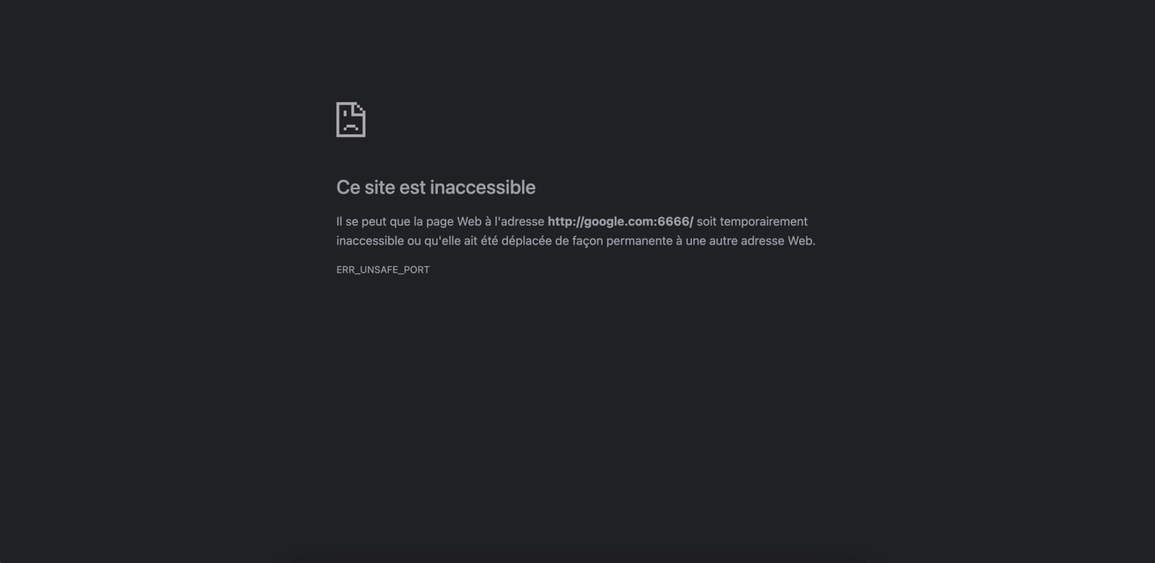 Capture d'écran de l'erreur ERR_UNSAFE_PORT apparaissant dans Google Chrome après une tentative d'accès à google.com via le port restreint 6666.