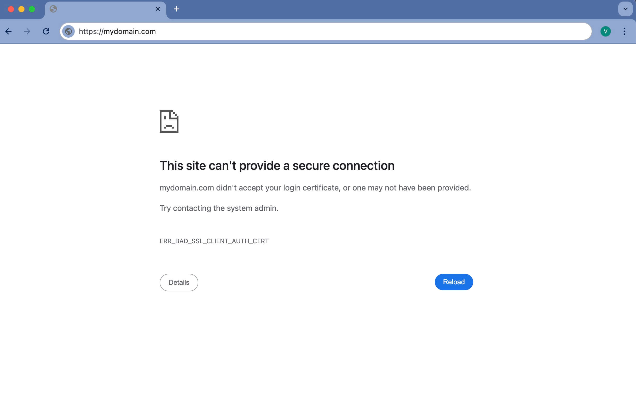 Capture d'écran de l'erreur ERR_BAD_SSL_CLIENT_AUTH_CERT dans Google Chrome