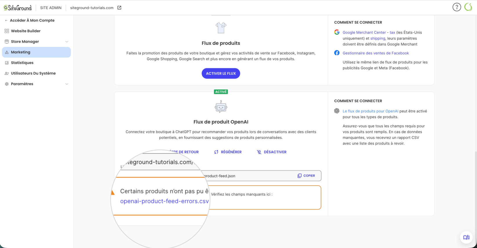 Section Marketing dans Site Admin d'un site Ecommerce affichant un avertissement pour le Flux de produit OpenAI concernant les produits manquant de données et un lien vers un fichier CSV listant les erreurs