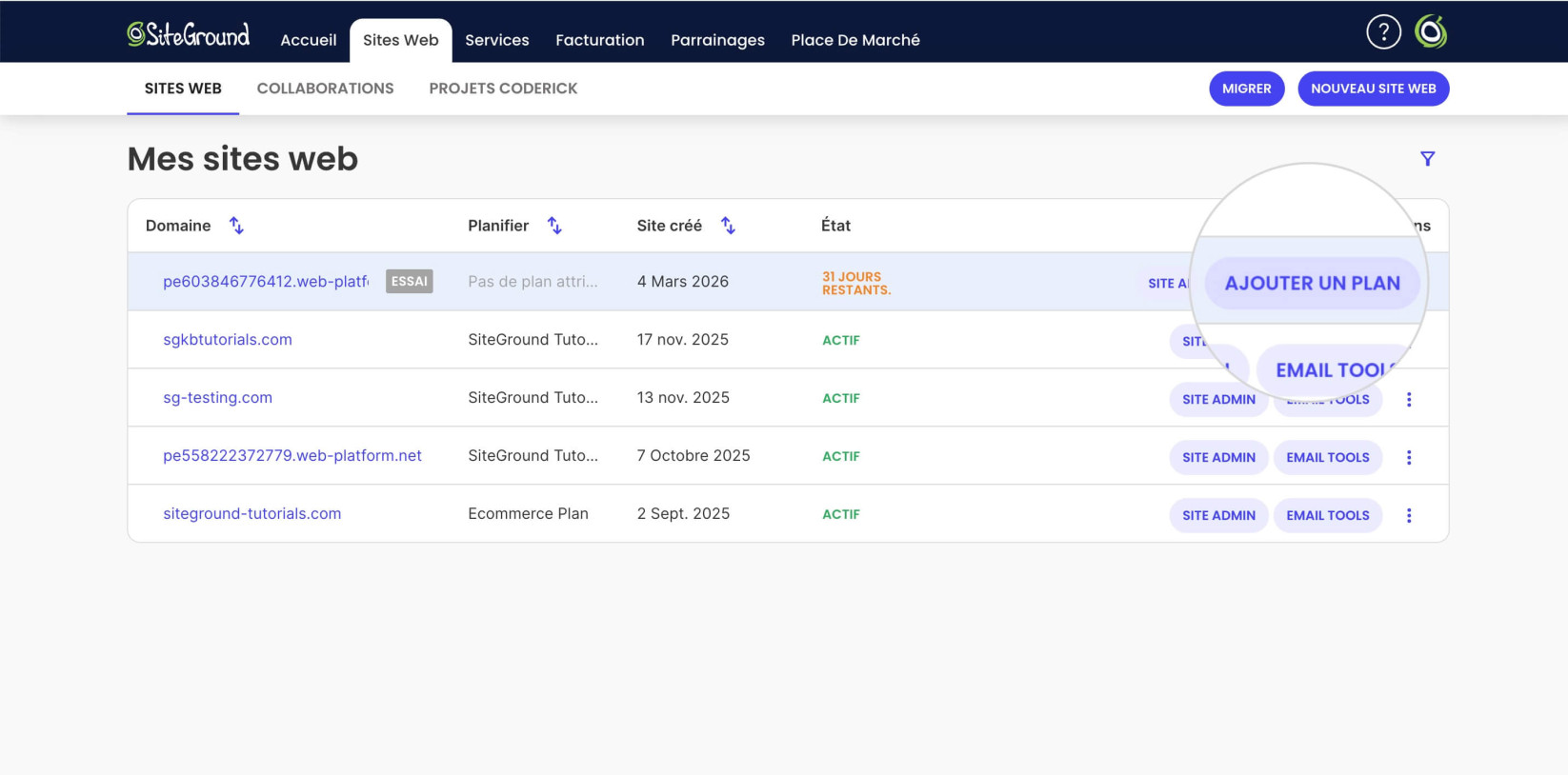 Espace Client de SiteGround avec l'onglet Sites Web ouvert et le bouton Ajouter un Plan mis en évidence pour ajouter un service de Website Builder en essai gratuit à un plan d'abonnement payant 