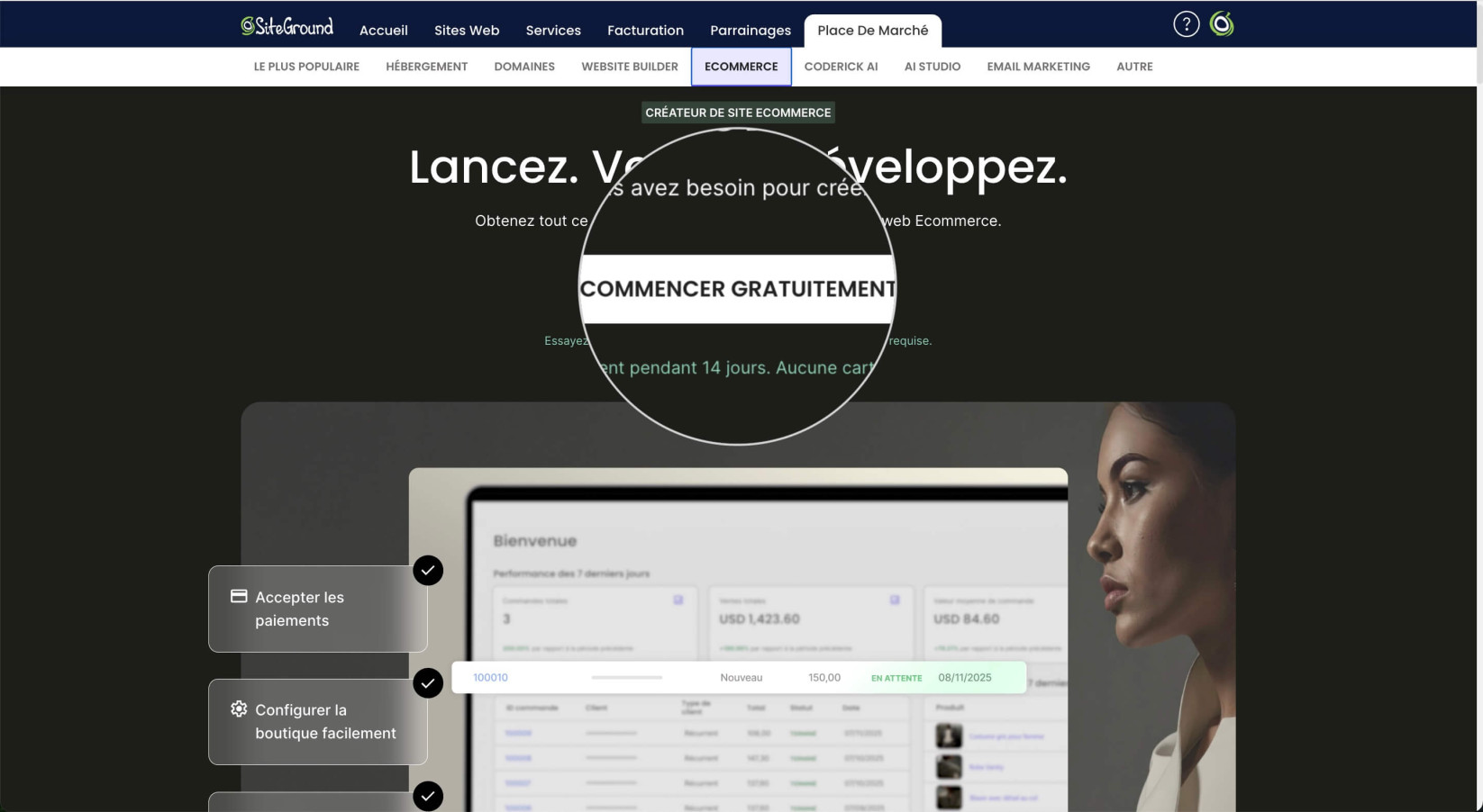 Section « Ecommerce » du Marketplace SiteGround faisant la promotion du service avec le titre « La façon la plus simple de vendre en ligne ». En dessous, un bouton bleu « Commencer gratuitement » avec un texte précisant qu’aucun paiement n’est requis, et un aperçu d’une boutique en ligne présentant un produit à base de miel et des statistiques de croissance.