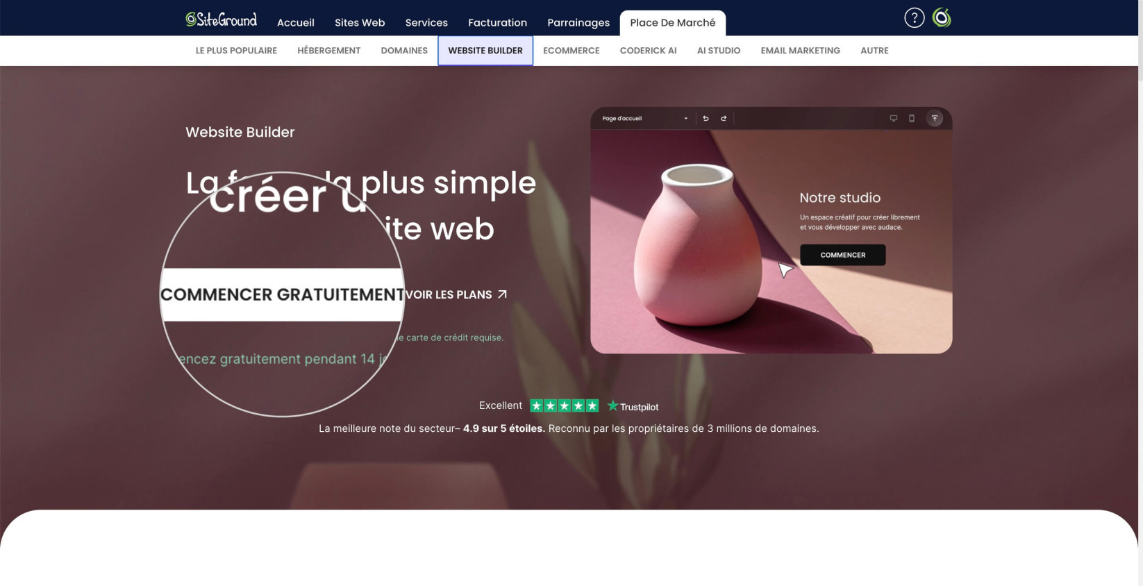 Page Website Builder dans l'onglet Place de marché de l'Espace Client de SiteGround 