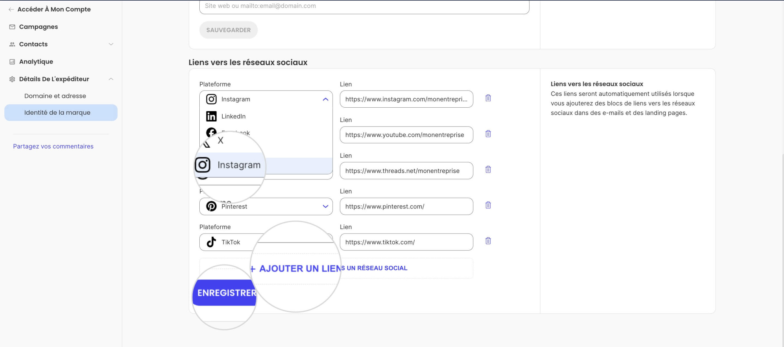 Ajout de liens vers les réseaux sociaux dans l'Identité de la marque dans l'Email Marketing